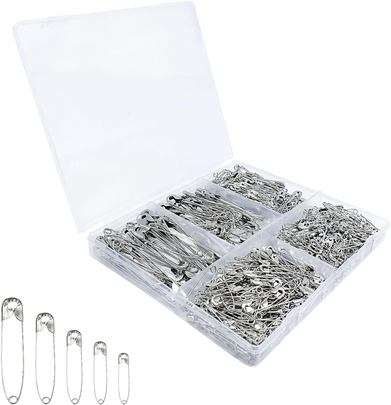 YUESUO 550 Pack 5 Different Sizes Silver Safety Pins Heavy Duty Safety Pin for Clothes, Crafts, Sewing (550) image number 2