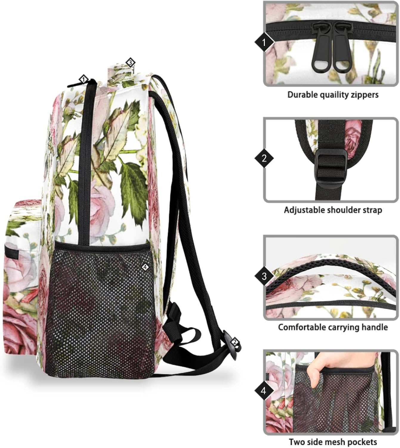 Watercolor Flower Pattern Kids Backpack Vintage Flowers School Bags for Girls Boys Durable Canvas Casual Dayback with Double Mesh Side Pockets image number 2