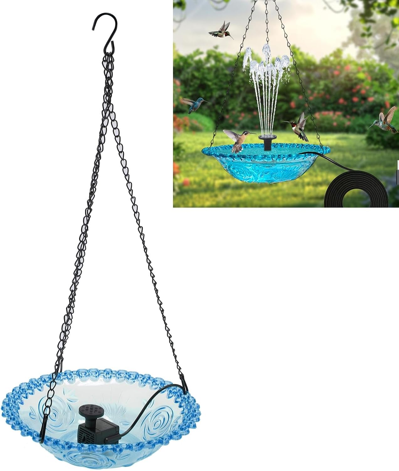 Hanging Bird Bath, Bird Bath Bowl with Fountain USB Powered, Hummingbird Bath Fountain for Outdoor Garden Backyard - Blue image number 2