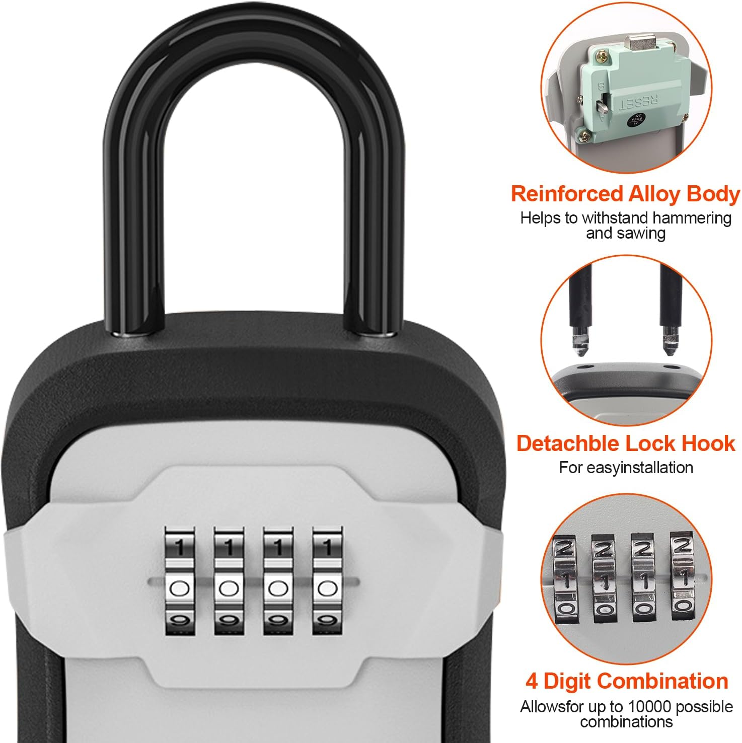 Lock Box,Key Lock Box Wall Mounted for outside House Keys,Portable Key Safe Combination Lockbox with Resettable Code, Gray