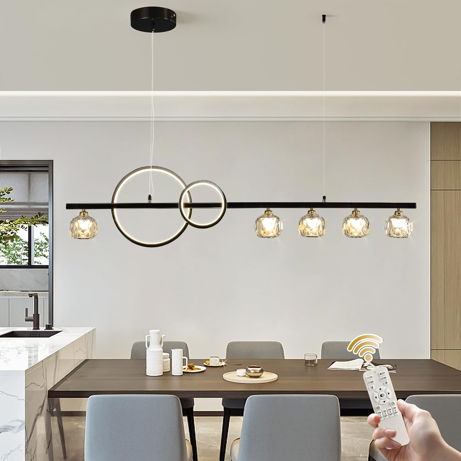 Ganeed 6-Light Kitchen Island Lighting, Farmhouse Crystal Chandelier Vintage Linear Pendant Light Fixture for Dining Room Living Room (E27 Bulbs, Not Included)