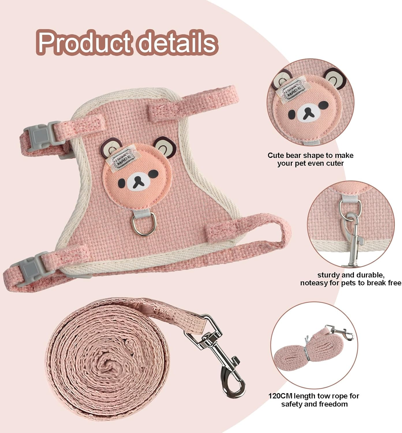 Amexo 2 Pieces Adjustable Rabbit Leash, Rabbit Lead Adjustable Rabbit Harness Cat Harness for Cats Bunny Dogs Other Small Animals Walking Outdoor(Pink, Grey) image number 3