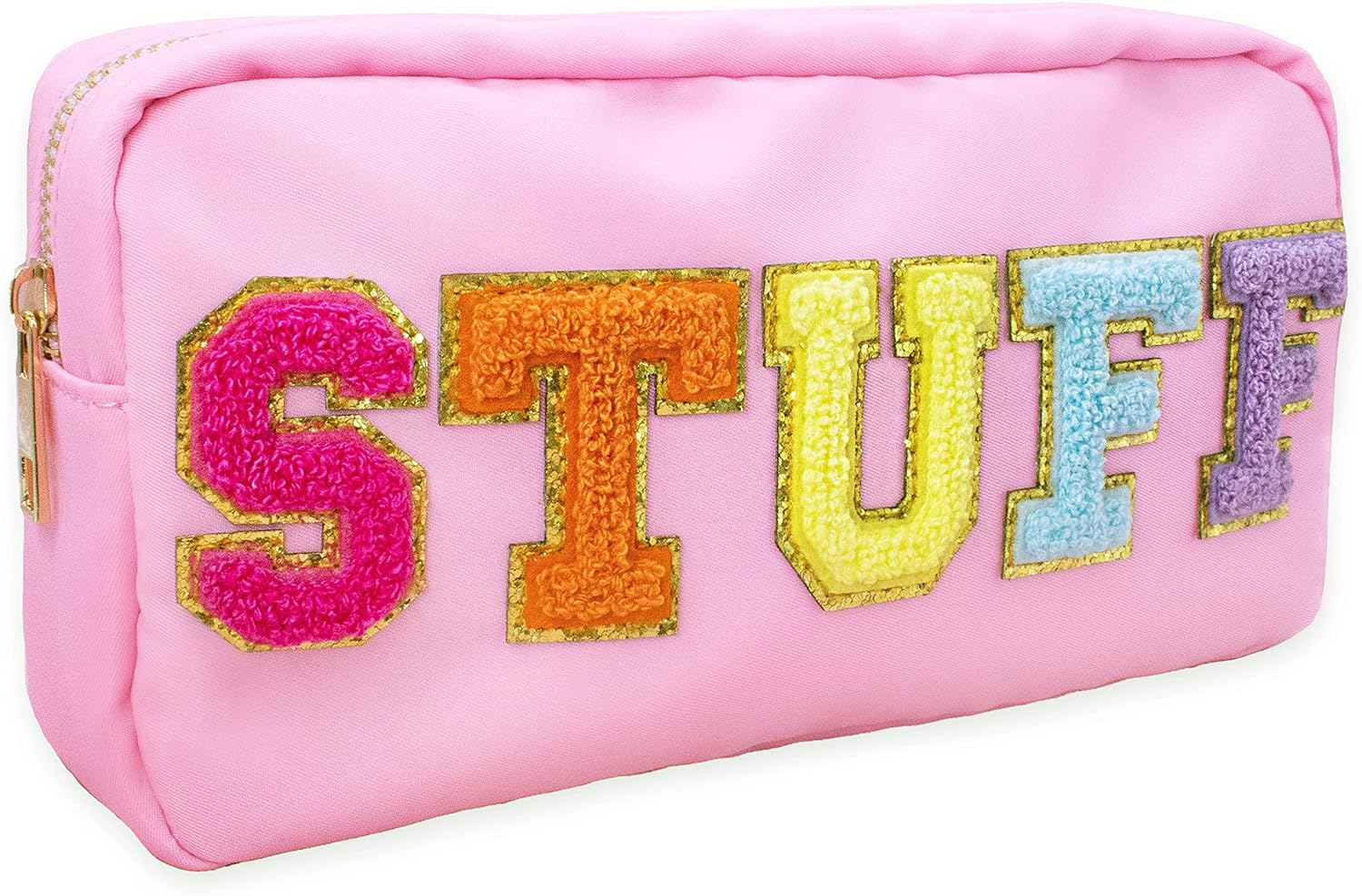 Fablinks Pink Nylon Cosmetic Bag with Chenille Letter Patches, Pink, 9-Inch, Stuff-Pink image number 4