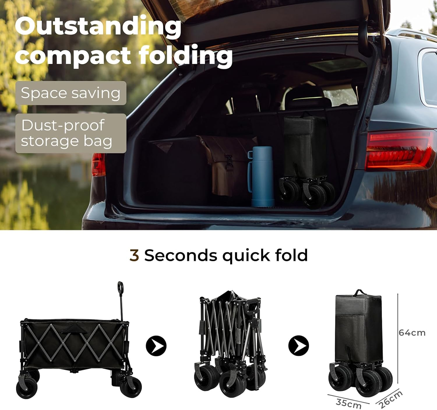 Lambu Foldable Camping Trolley Cart,240L Camping Cart Collapsible Portable Wagon Cart,Heavy Duty Folding Wagon Large Capacity Shopping Cart,Garden Outdoor Park Utility Beach Trolley (Black) image number 7