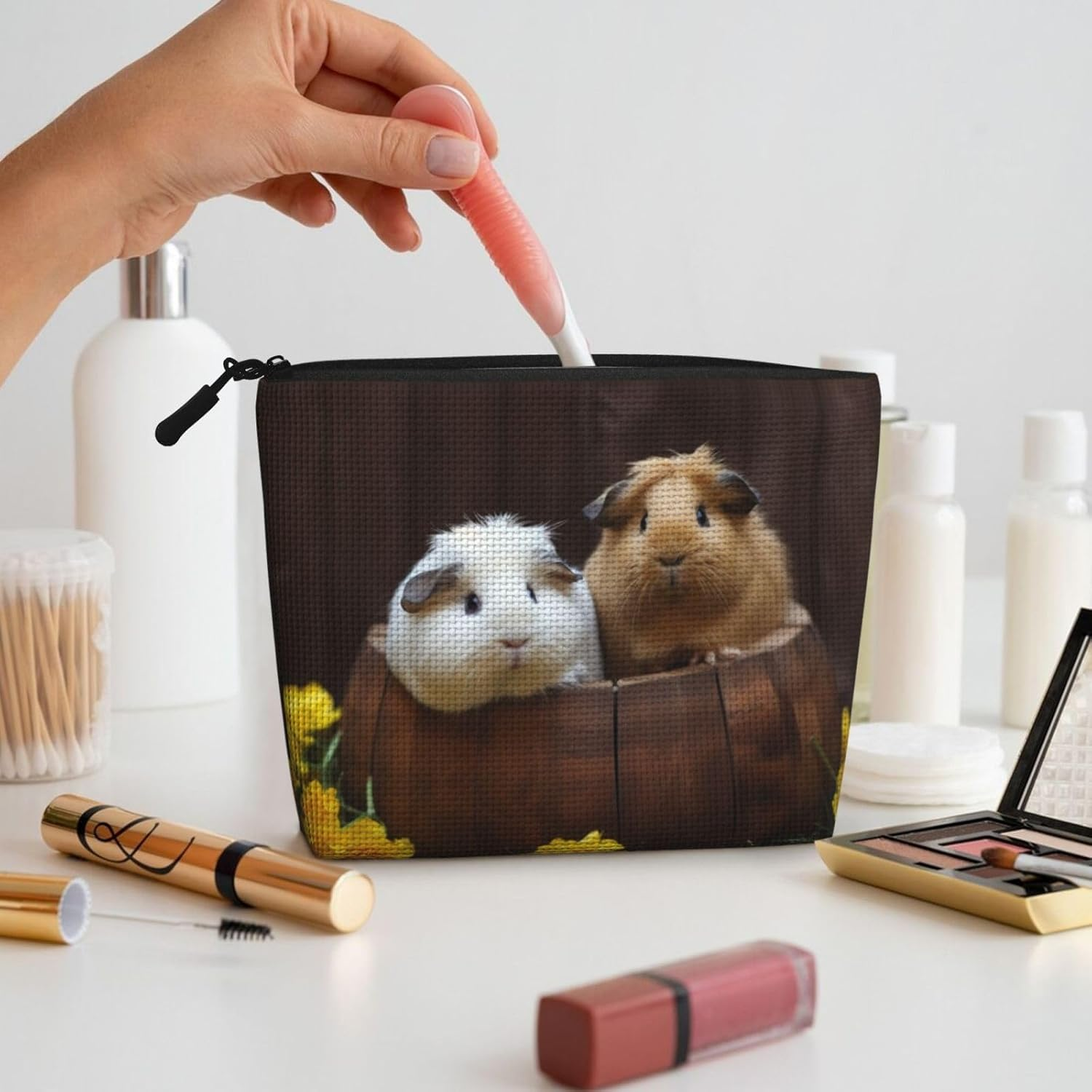 Linen Makeup Bag for Women, Waterproof Travel Cosmetic Organizer Lightweight Zipper Travel Toiletry Bag Organizer Guinea Pigs Makeup Brushes Storage Bag image number 3