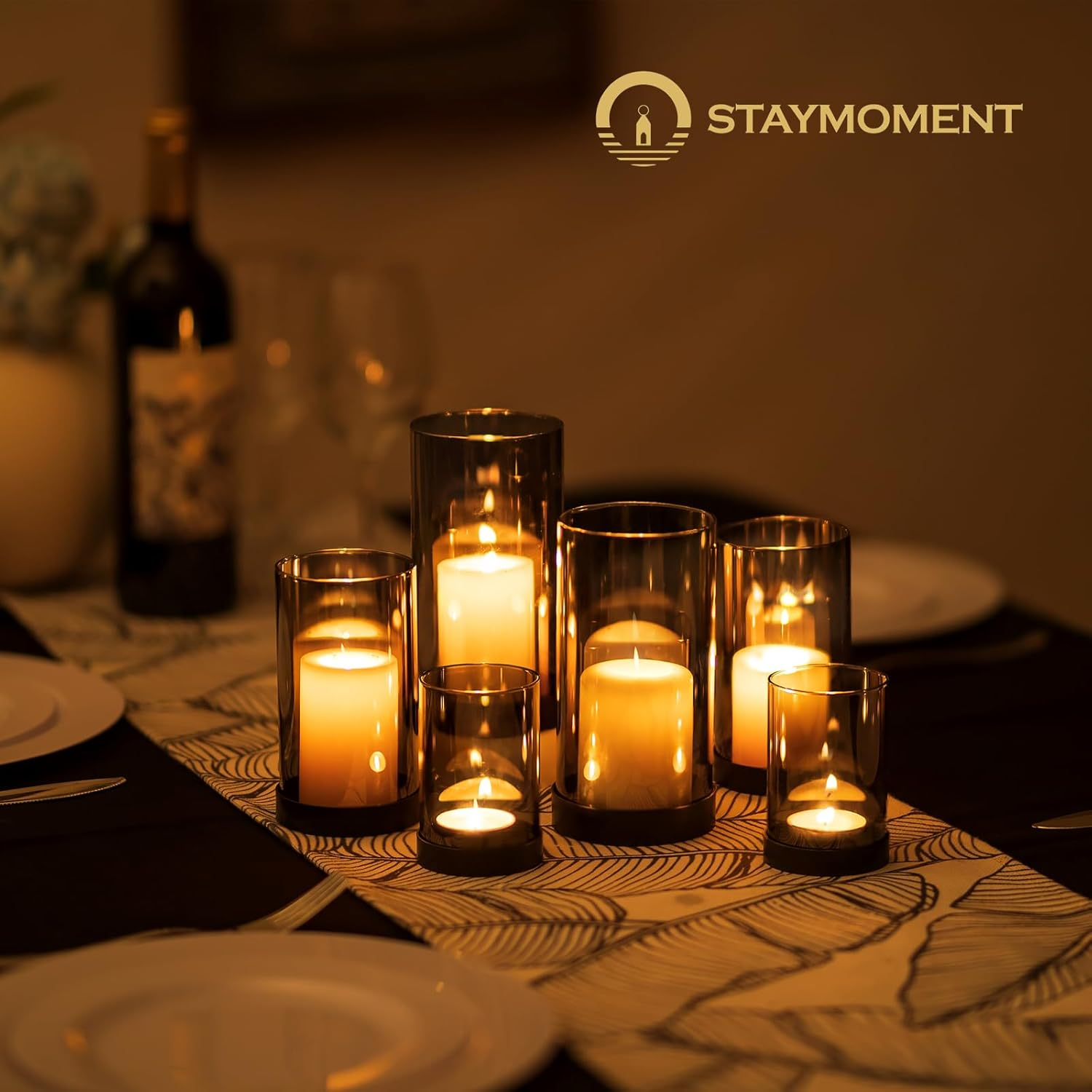 Glass Lanterns, Black: Set of 6 Lanterns, Outdoor Table Decoration, Glass Cylinder Candle Holder, Metal, Modern Decoration, Living Room, Bathroom, Patio, Lanterns, Outdoor and Indoor Tea image number 5