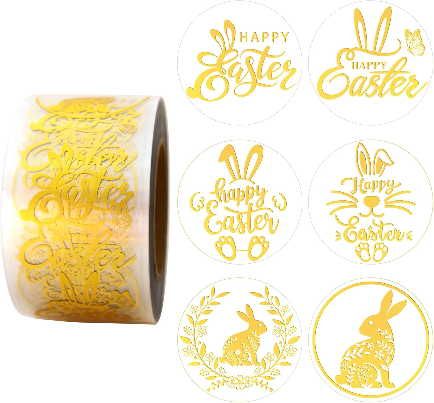 Masper 1.5 Inches/600 Easter Stickers, 6 Clear Gold Foil Designs Happy Easter Stickers, Decorative Easter Basket Stuffers for Kids, Easter Egg Stickers Bunny Stickers for Baskets Eggs Cards Crafts image number 2
