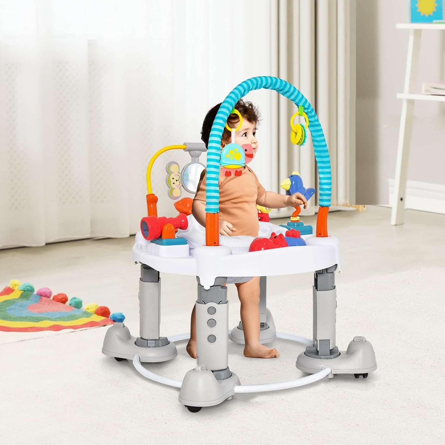 INFANS Baby Bouncer Activity Center, 5 in 1 Toddler Bouncing Activity Saucer Playtime Mat Activity Table with 360&deg;Rotating Seat, 3 Adjustable Height, Foldable Exersaucer Learning Walker (Light Grey) image number 1