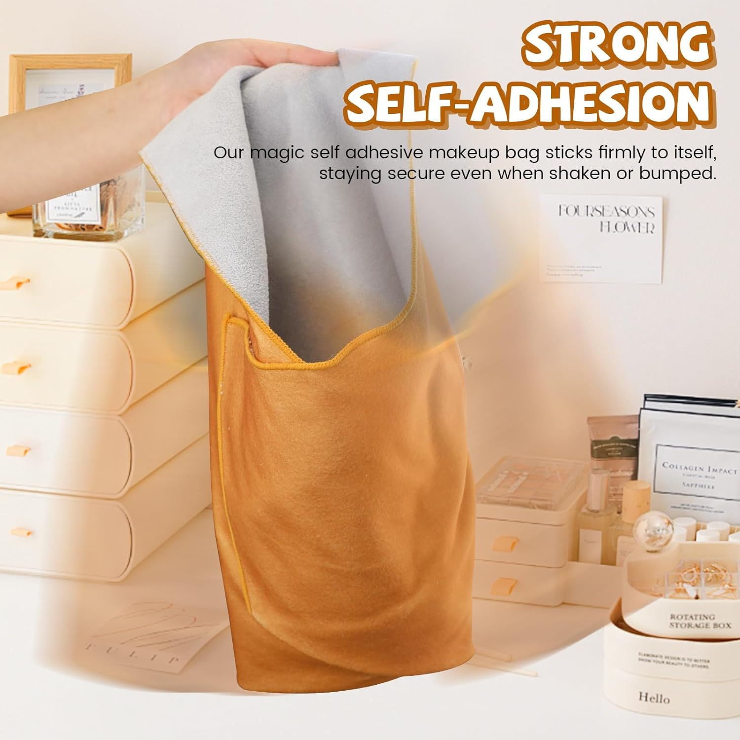 Diakey 2 Pieces Magic Fabric Self Adhesive Makeup Bag 55X55Cm Scratch Resistant Lens Camera Packaging Cosmetic Bag Organizer Open Flat for Travel Toiletry, Black/Khaki