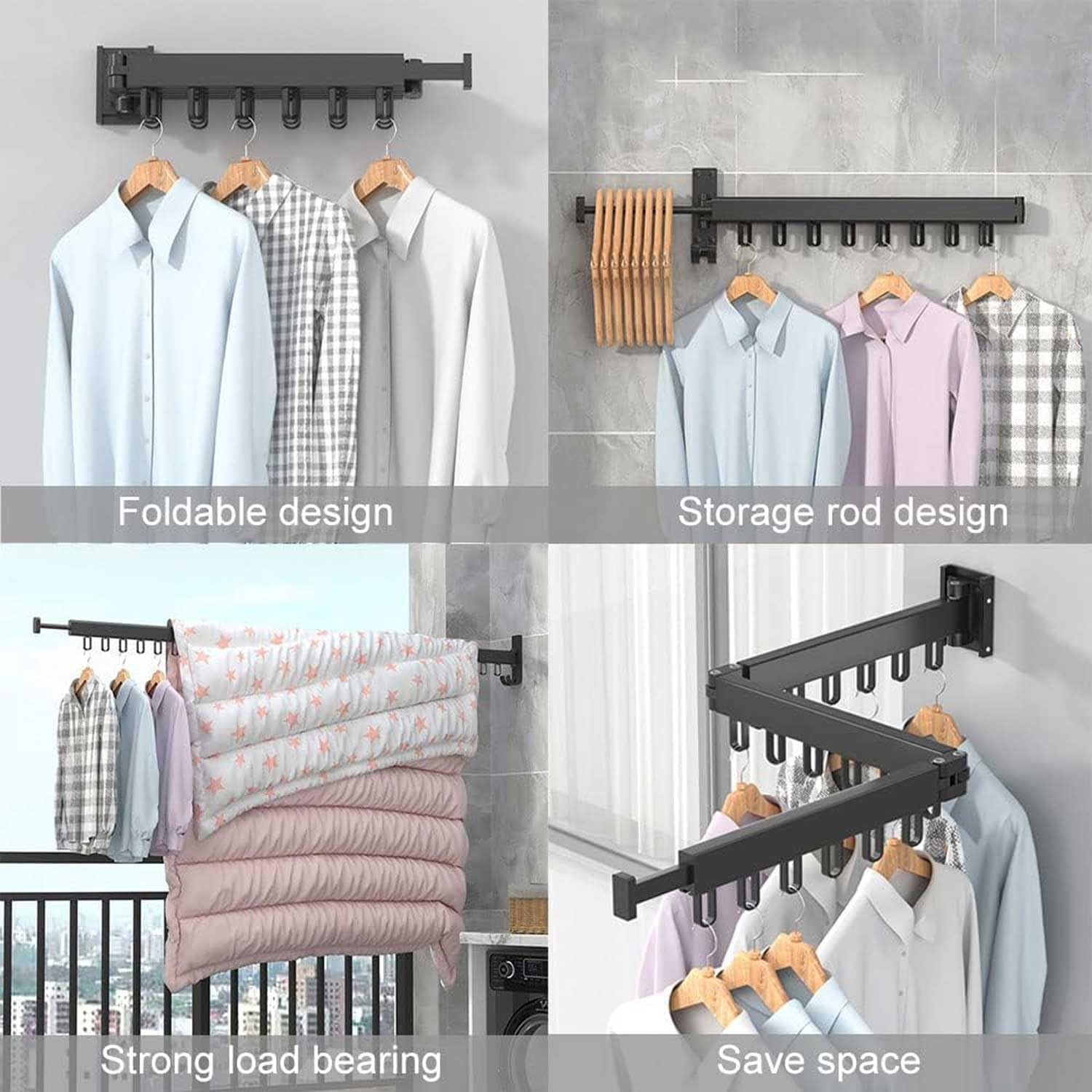 Wall Mounted Drying Rack, Clothes Drying Rack Wall Mount, Collapsible Clothes Rack, Space Saver,Retractable Clothes Hanger Rack,For Balcony,Laundry,Bathroom,Bedroom (Tri-Fold) image number 4