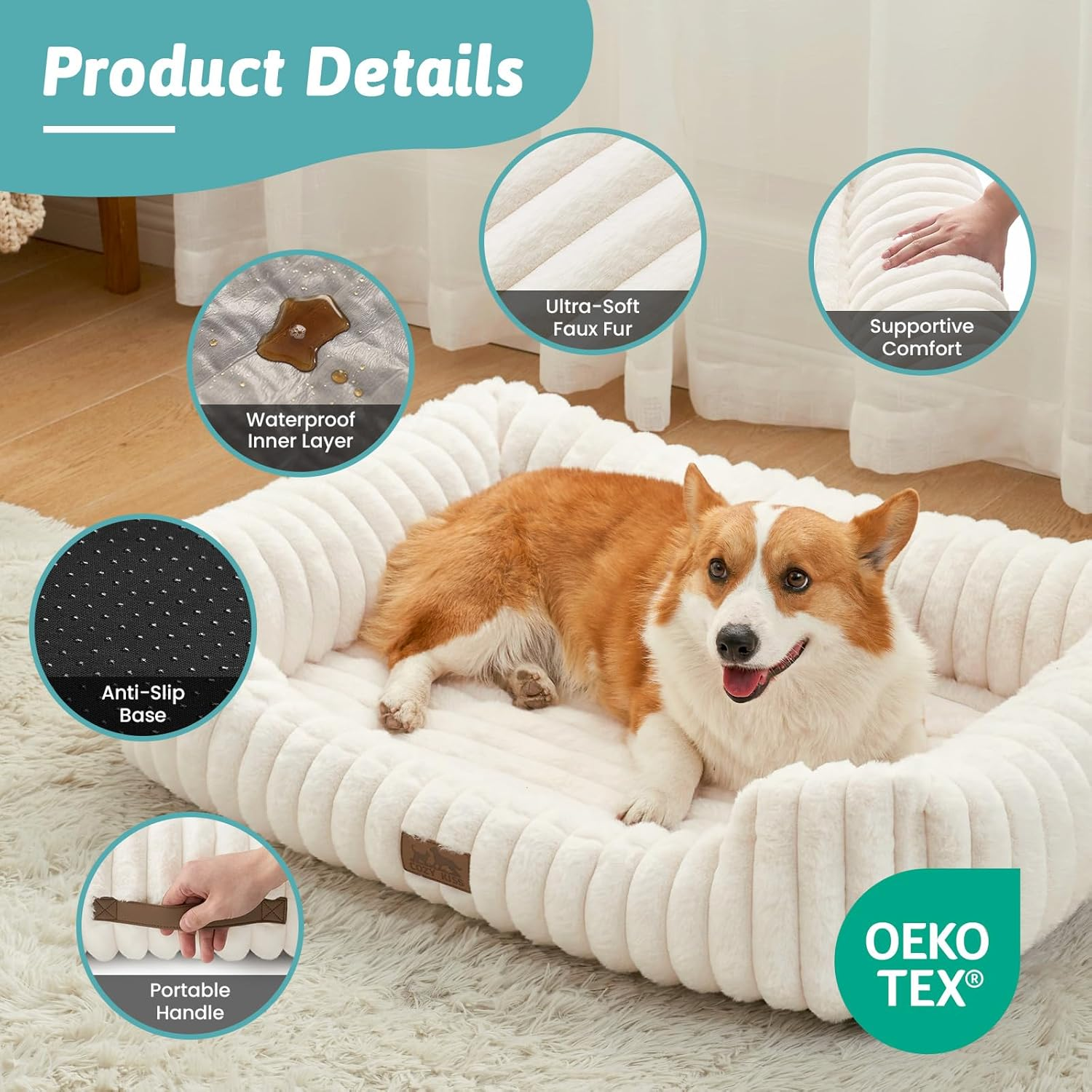 Orthopedic Dog Bed for Small Dogs & Cats - Washable Rectangle Pet Bed with Anti-Slip Bottom, Soft Calming Cat & Puppy Bed for Indoor Pets (64X53X15 Cm, Cream) image number 1
