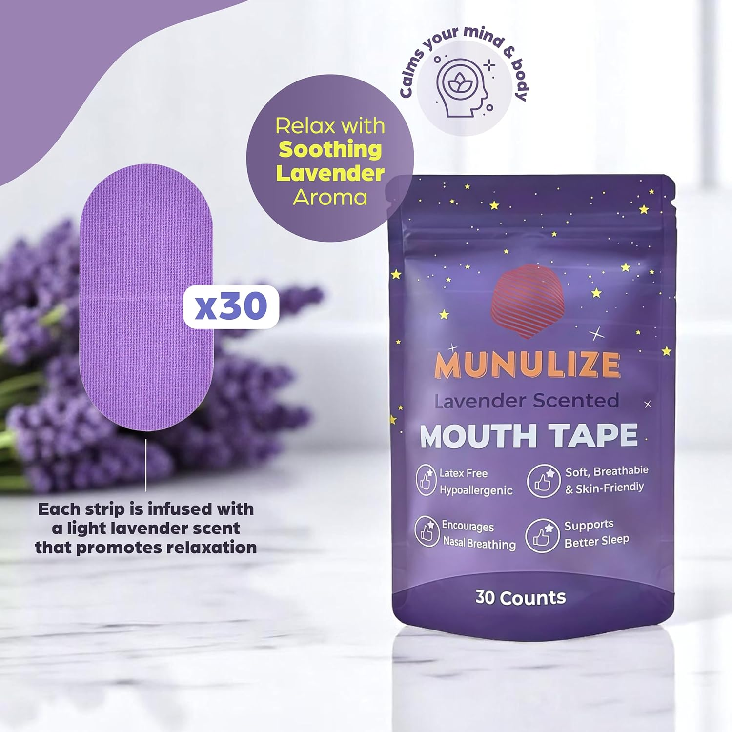 Lavender Scented Mouth Tape for Sleeping - anti Snoring Devices - Nasal Breath -Snore Reducing Aids- Promote Nose Breathing - Cotton Made Mouth Strips - Hypoallergenic Sleep Tape - Better Sleep Aid image number 2