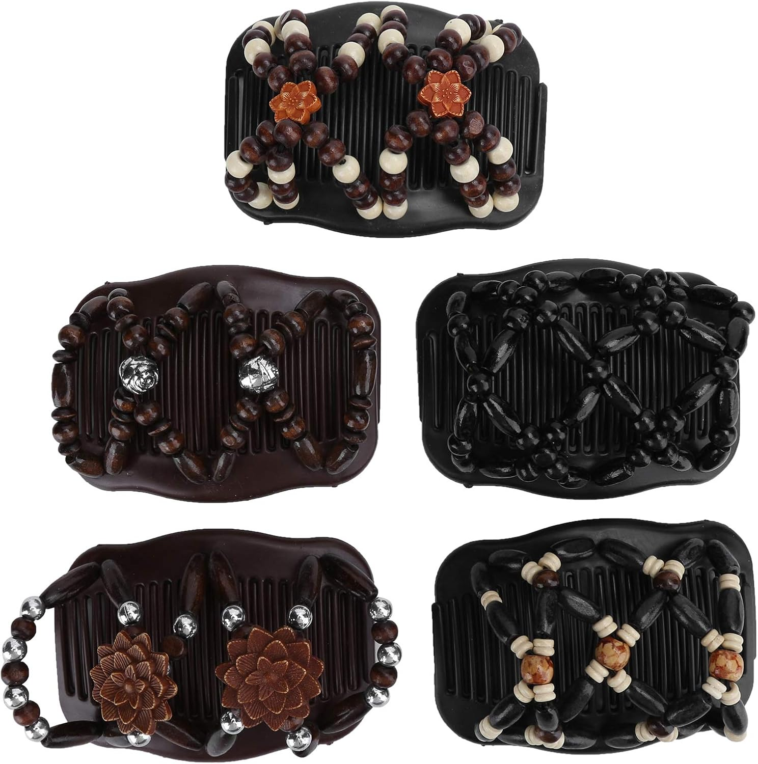 5Pcs Hair Combs Vintage Beads Stretchy Magic Clips Wooden Beads Double Hair Comb Clip Stretchy Women Hair Accessories Hair Styling Tool Double Comb Hair Clips Magic Hair Comb image number 5