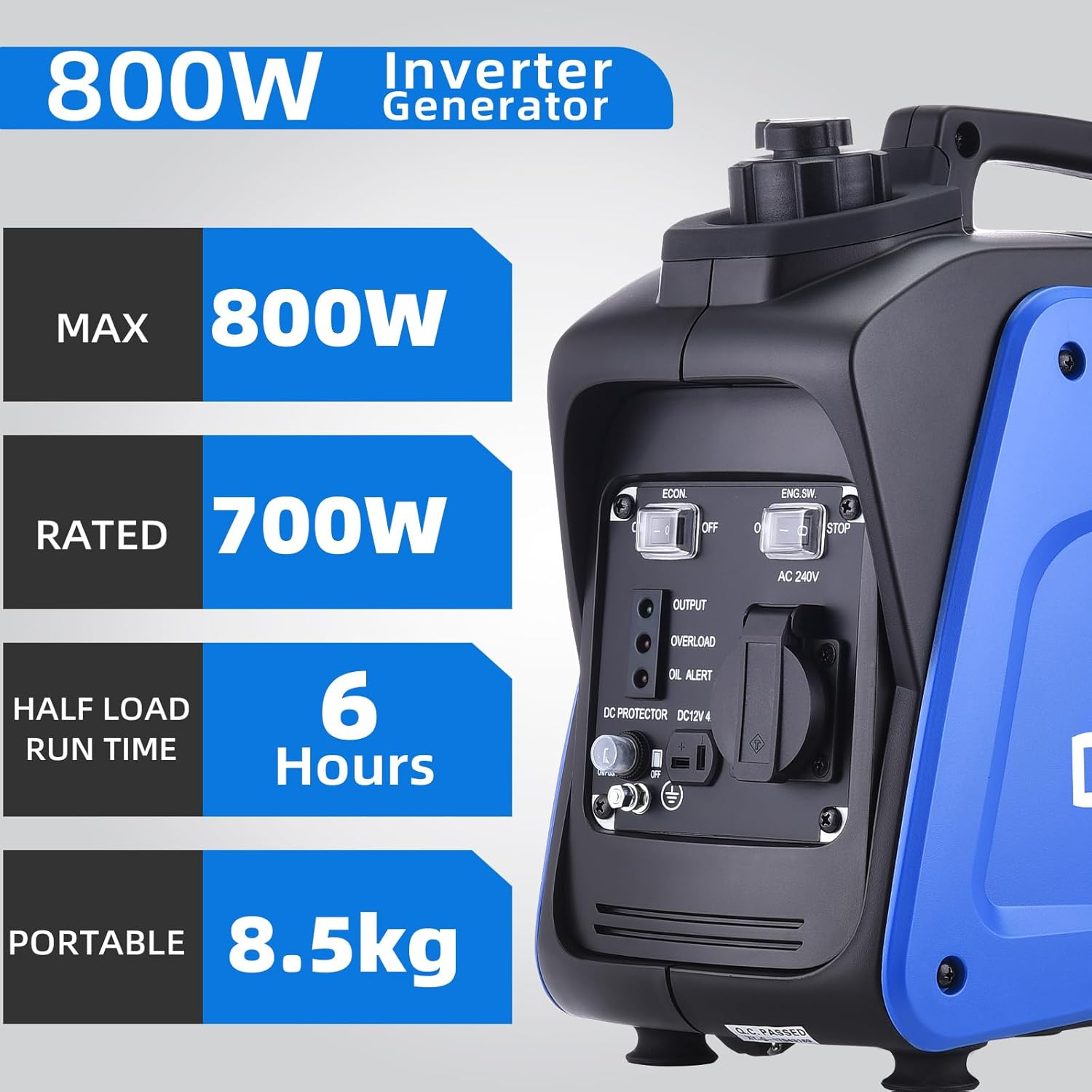 Gentrax 700W Portable Inverter Generator - 800W Peak, 100% Pure Sine Wave, Ultra-Light 8.5Kg, Petrol Powered, Ideal for Outdoor Camping and Emergency Home Backup - Blue image number 4