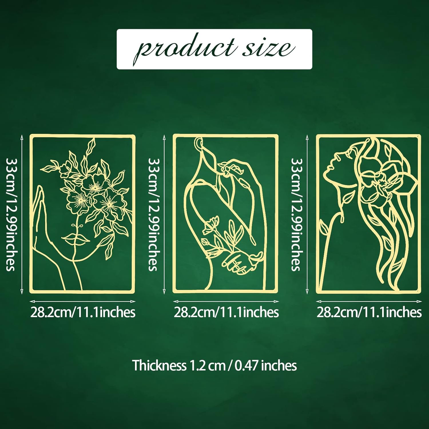 3 Pieces Metal Minimalist Abstract Woman Wall Art Line Drawing Wall Art Decor Single Line Female Home Hanging Wall Art Decor for Kitchen Bathroom Living Room (Gold, Flower) image number 2