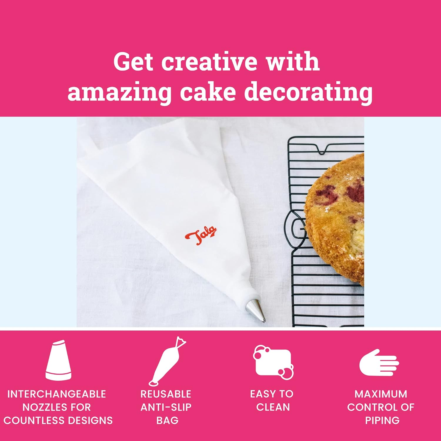 Tala Icing Bag Set with 8 Interchangeable Stainless Steel Piping Nozzles - Reusable Anti-Slip Large Piping Bags and Nozzles for Cake Decorating - Easy Handwash Cleaning image number 5