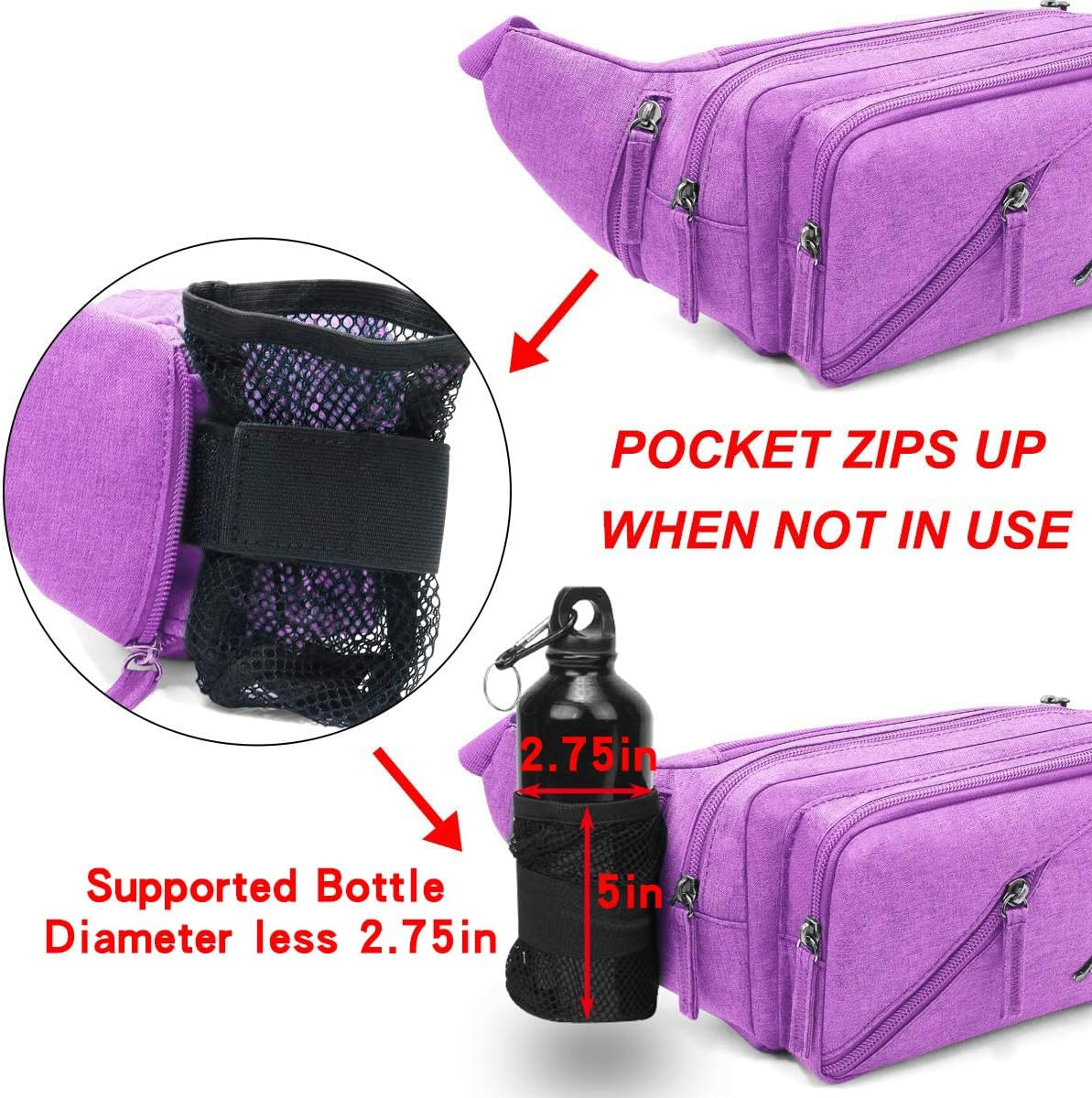 Afreter Fanny Pack Waterproof Waist Bag Pack Men Women Hip Bum Bag with Water Bottle Holder Adjustable Strap Suitable for Outdoors Workout Traveling Hiking Cycling Dog Walking Pouch Bag, Purple, - Black image number 3