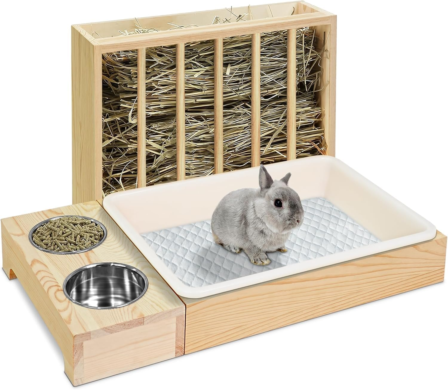 Hay Feeder with Litter Box and Bowls, Wooden Guinea Pig Holder Toilet for Bunny, Chinchillas, Hamster, Small Pet Rack Manger, Wood Colour