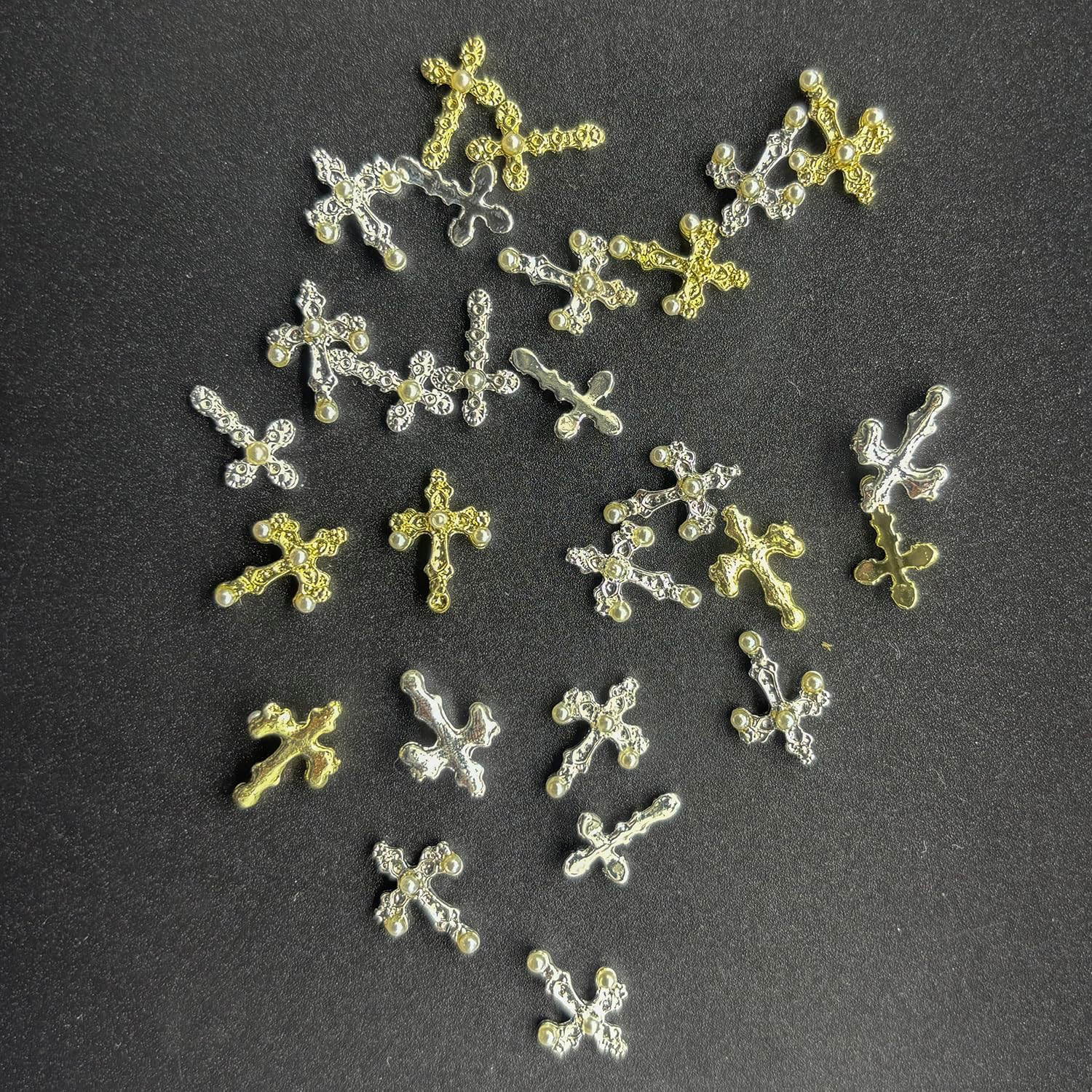 Pearl Cross Nail Charms - Silver Cross Nail Charms - Y2K Nail Cross Art Whit Pearl, 3D Metal Nail Cross Charms for DIY Designs Supplies image number 2