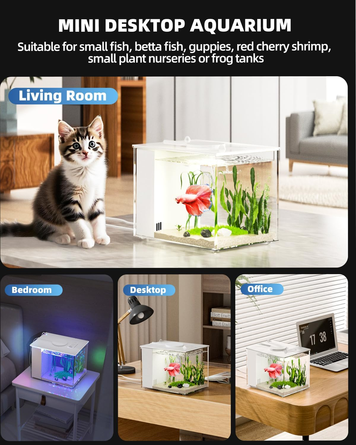 Vehipa 2.9L (0.78 Gal) Betta Fish Aquarium, Acrylic Small Fish Tank Kit with Water Filter Pump & LED Light, Ideal for Small Fish, Plants and Shrimp, White image number 2