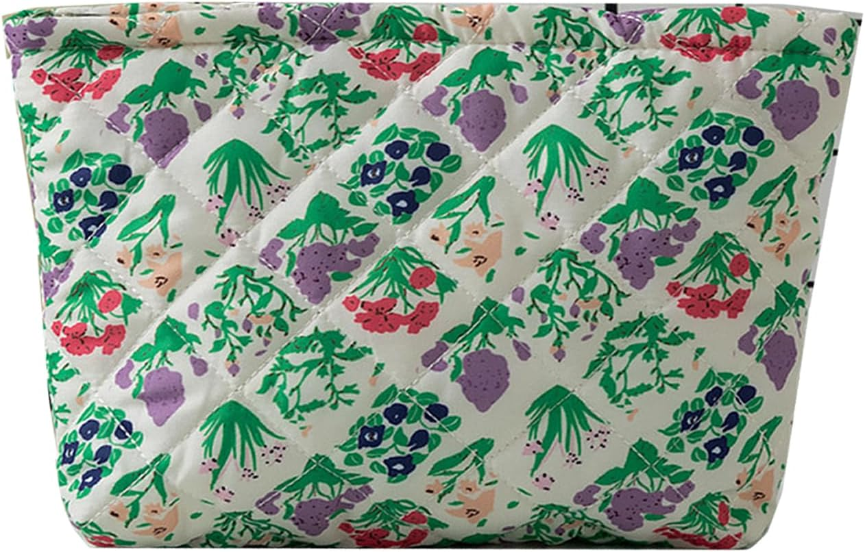 Quilted Makeup Bag, Cute Floral Cosmetic Bag for Women, Cotton Make up Bag, Flower Travel Toiletry Bag Organizer Large