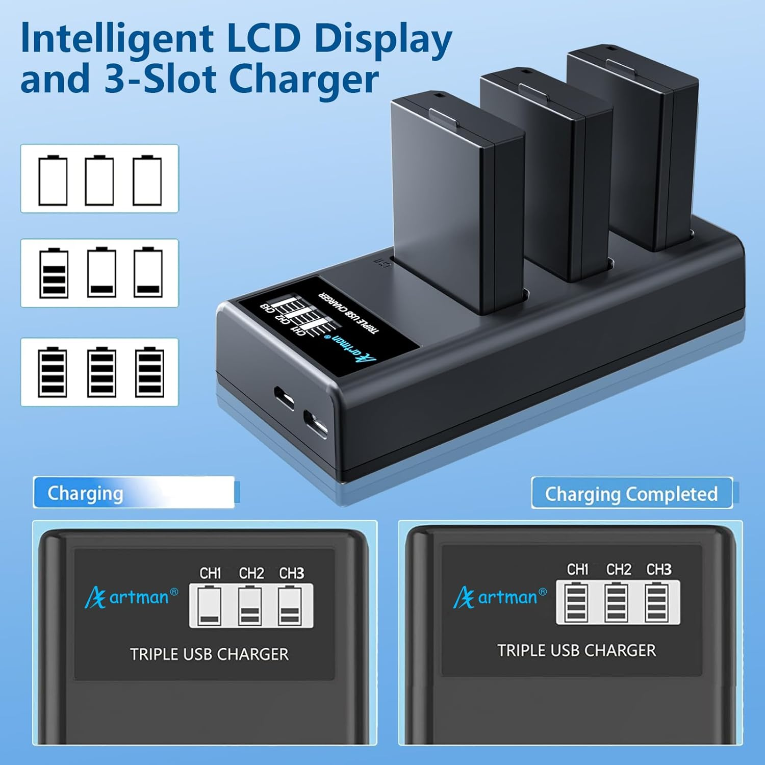 Artman LP-E10 Battery 3-Pack 1600Mah and 3-Slot LCD Charger Pack for Canon EOS Rebel T7 T6 T5 T3 T100 Kiss X50 Kiss X70 EOS 1100D 1200D 1300D 2000D Digital Cameras image number 3