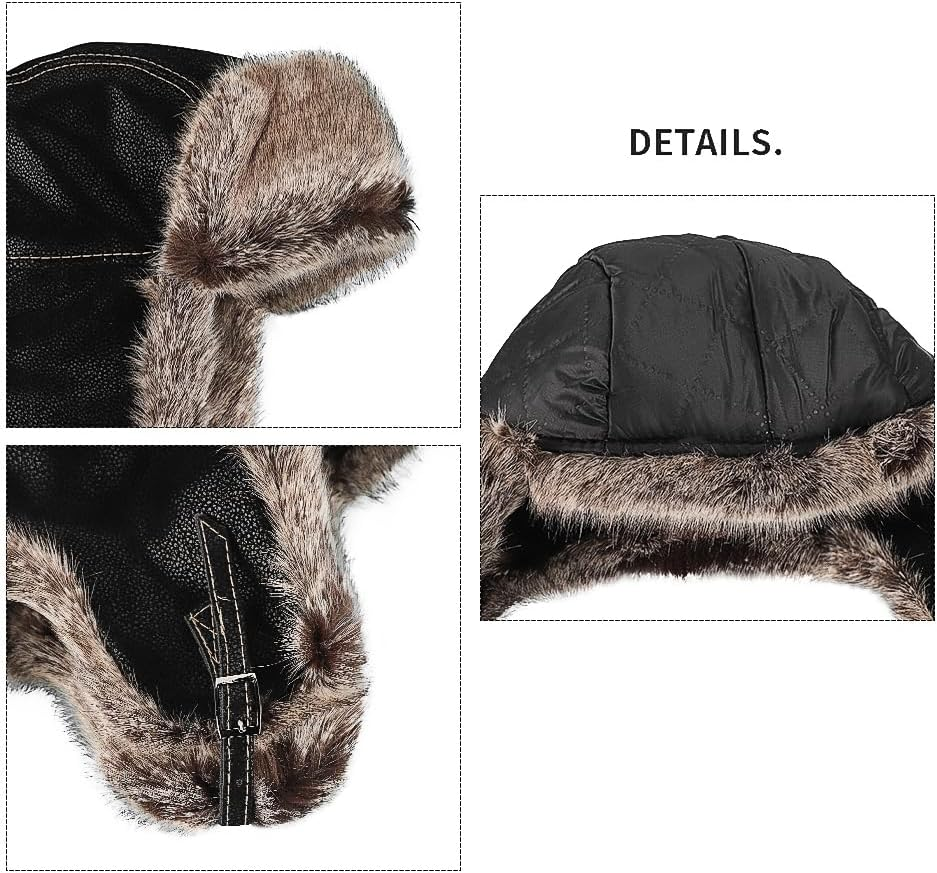Unisex Trapper Hat Russian Ushanka Faux Fur Bomber Hunting Hat Winter Earflap Hat Aviator Pilot Cap Windproof Thermal Trooper Hat Fluffy Super Warm Hat Skiing Skating Hat Thickened for Women Men - Black image number 4
