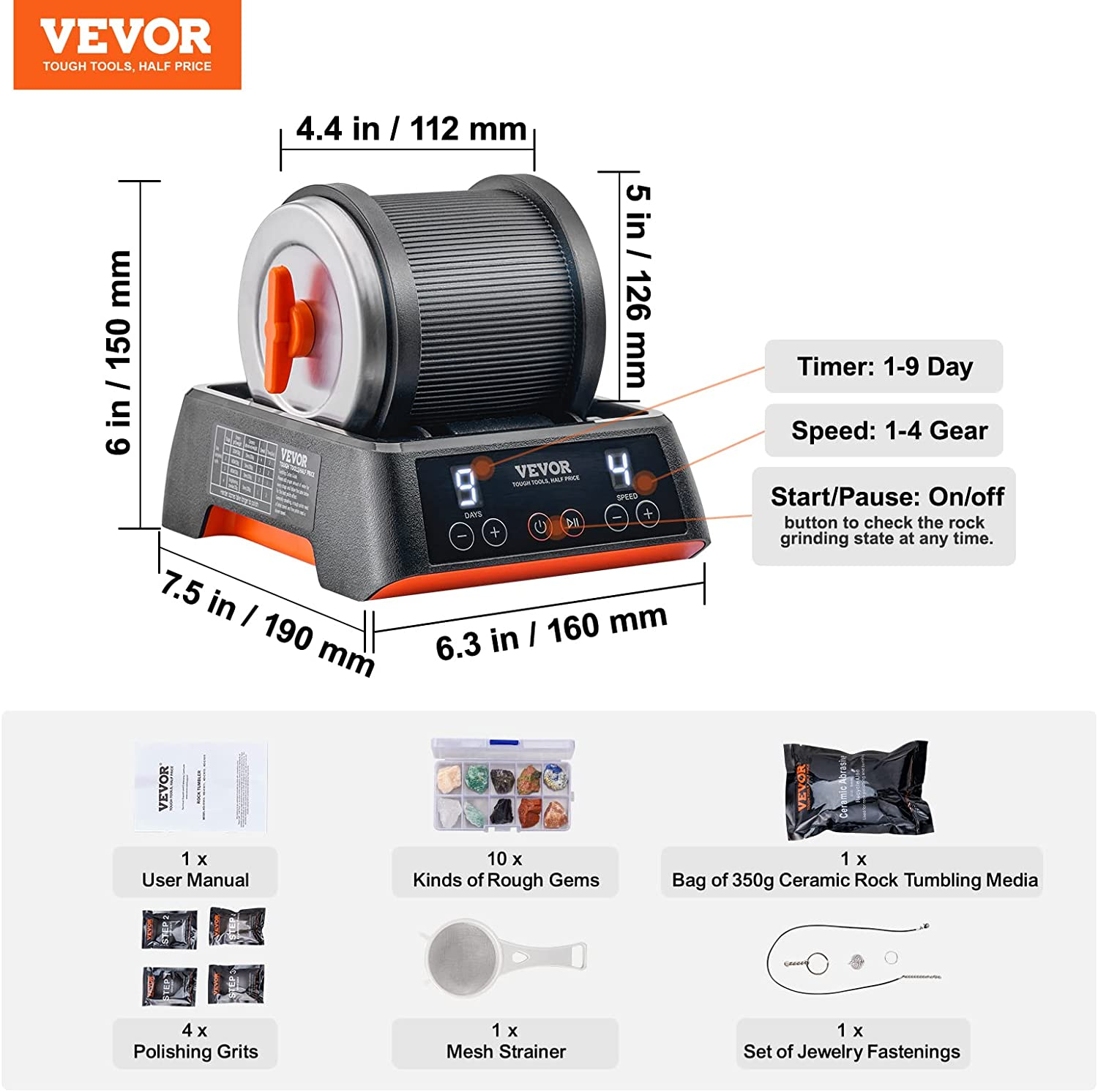 VEVOR Direct Drive Rock Tumbler Kit, 4-Speed/9-Day Timer, Professional Rock Polisher with Rough Gemstones/Grits/Jewelry Fastenings, Stone Polishing Kit for Family Fun Time, STEM Adults Kids