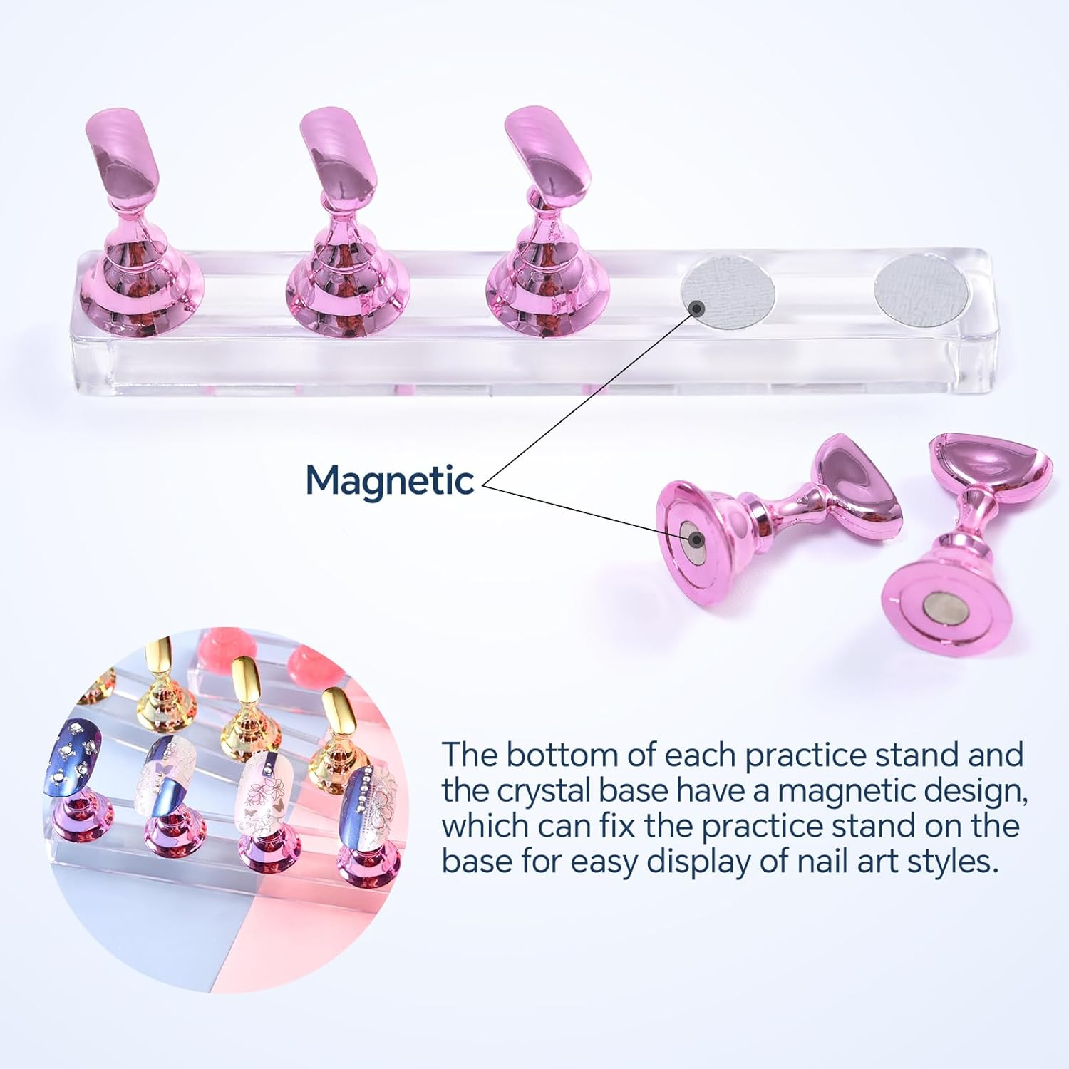 KADS 2 Sets Nail Display Stand Nail Practice Holder Magnetic Fake Nail Tips Holder for Press on Painting Nail Art Stand Manicure Design Tool for Salon and Home Use, White - Pink 1 image number 7