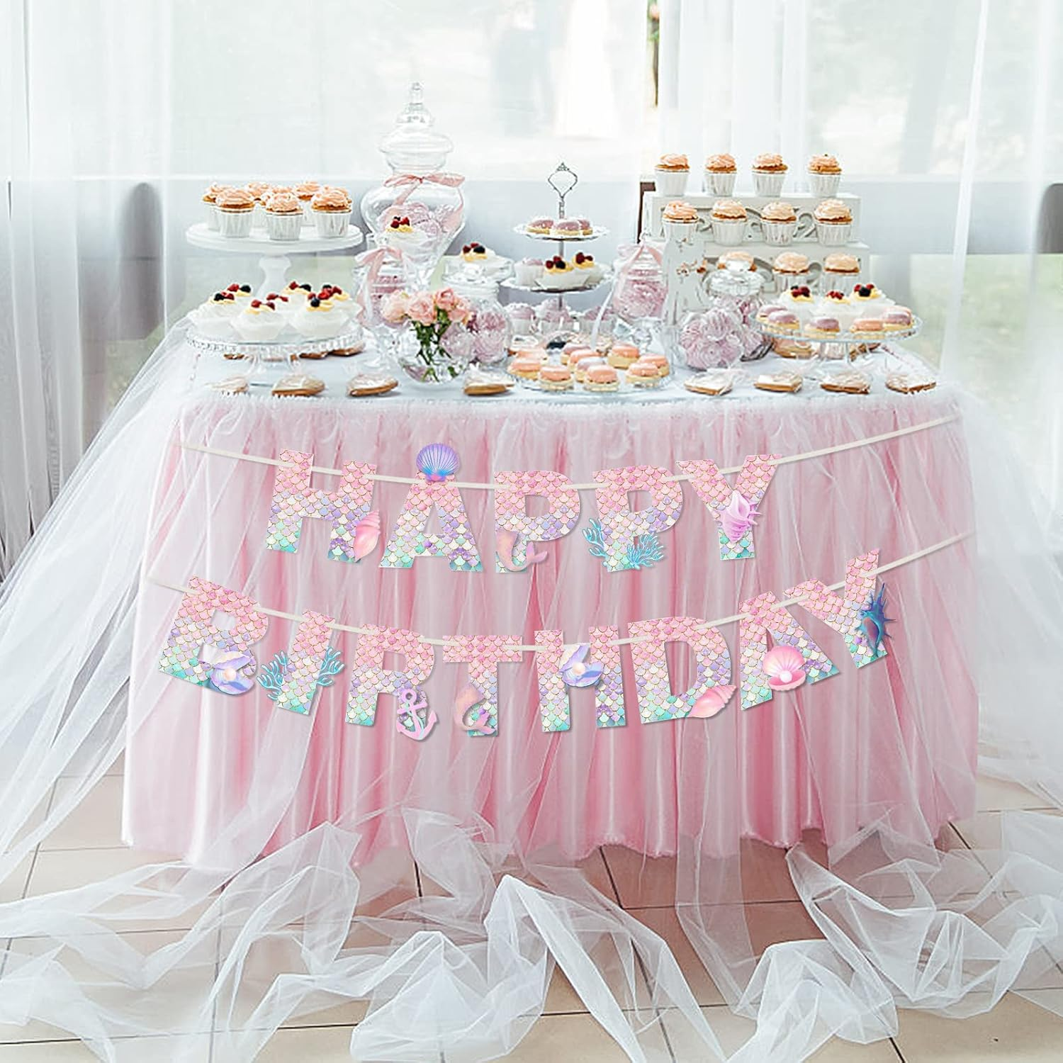 Mermaid Happy Birthday Banner, Birthday Party Decorations for Girls, Mermaid Theme Birthday Party Supplies for Home Table Outdoor (YLPDTZ-001) image number 5