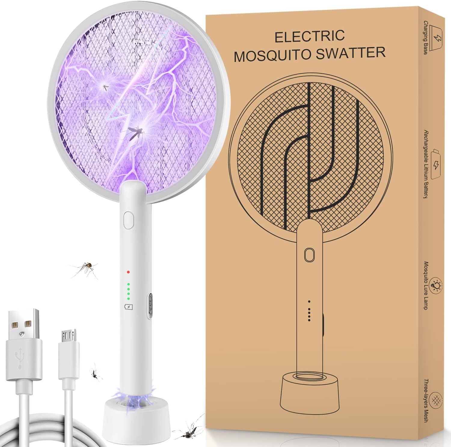 STORMHERO Electric Fly Swatter Zapper, Mosquito Swatter Racket Bug Zapper, USB Rechargeable Mosquito Killer, 3-Mode Wireless Fly Zapper with Trapping Light and Base for Indoor, Outdoor, Camping image number 2