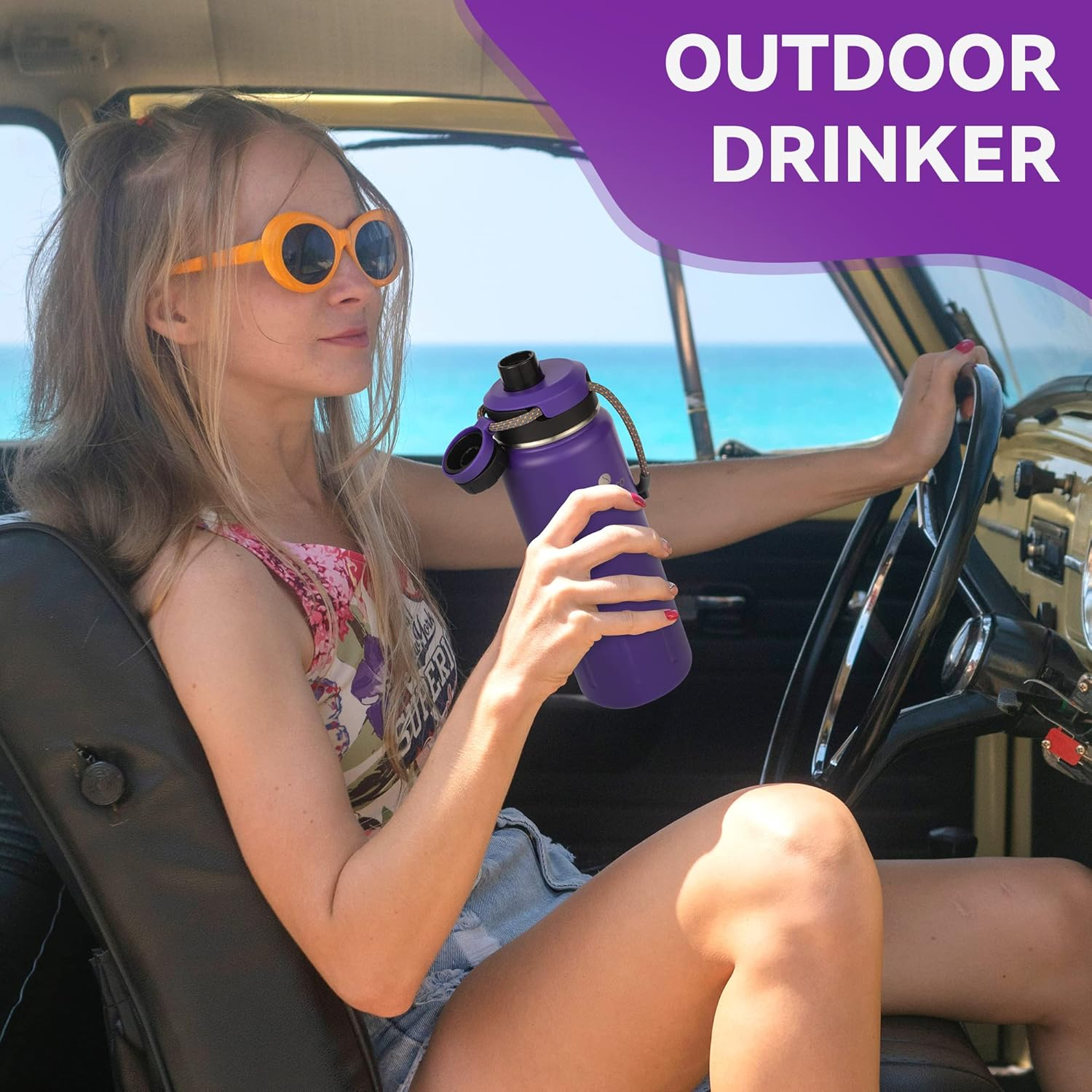 Santeco Insulated Water Bottles 24 Oz, Stainless Steel Flask with Lanyard & Wide Mouth Spout Lid, Leak Proof Double Wall Vacuum Drink Bottle, Keep Drinks Hot & Cold for Hiking Camping - Purple