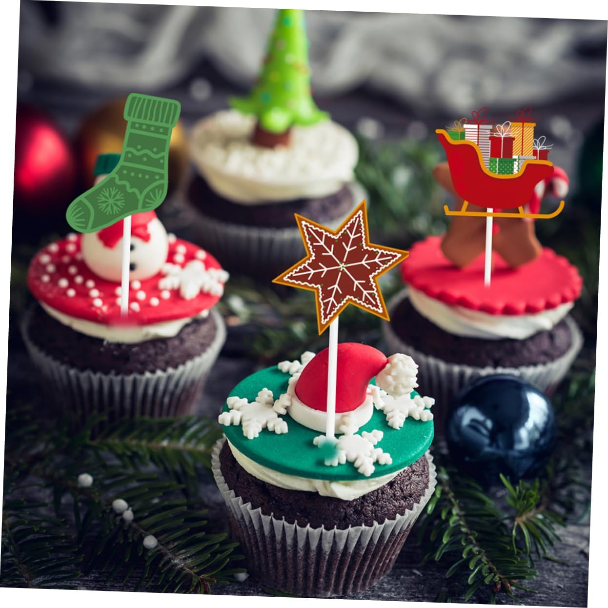 CANIGHT 2 Pack Christmas Cake Decorations Birthday Cake Inserts 24Pcs Xmas Themed Cupcake Toppers Festive Cake Baking Accessories image number 3