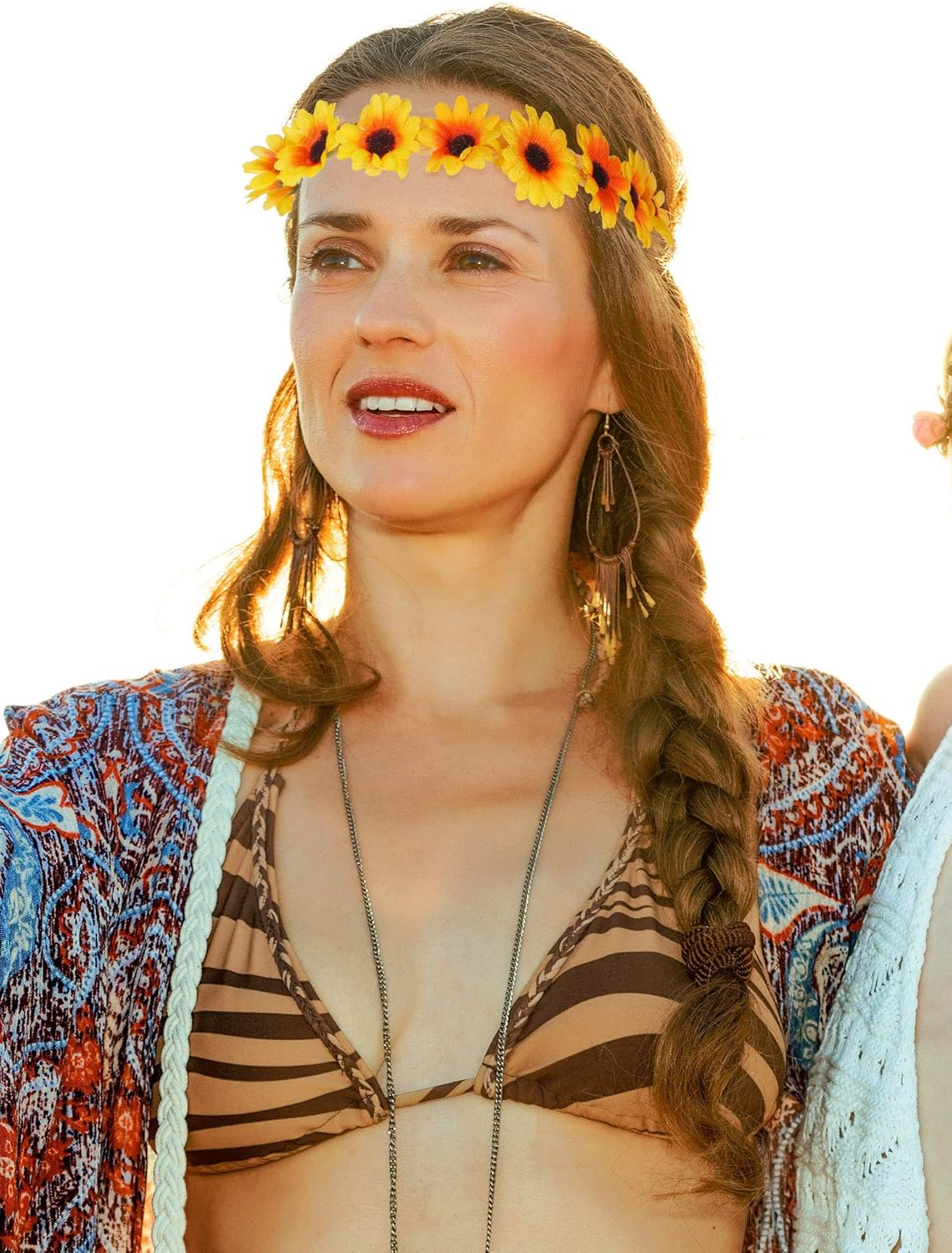 8 Pieces Sunflower Crown Hair Wreath Daisy Flower Headbands Hippie Headbands Adjustable Floral Bridal Headpiece for Hippie Party Wedding Festivals Photo Props - White, Yellow image number 4