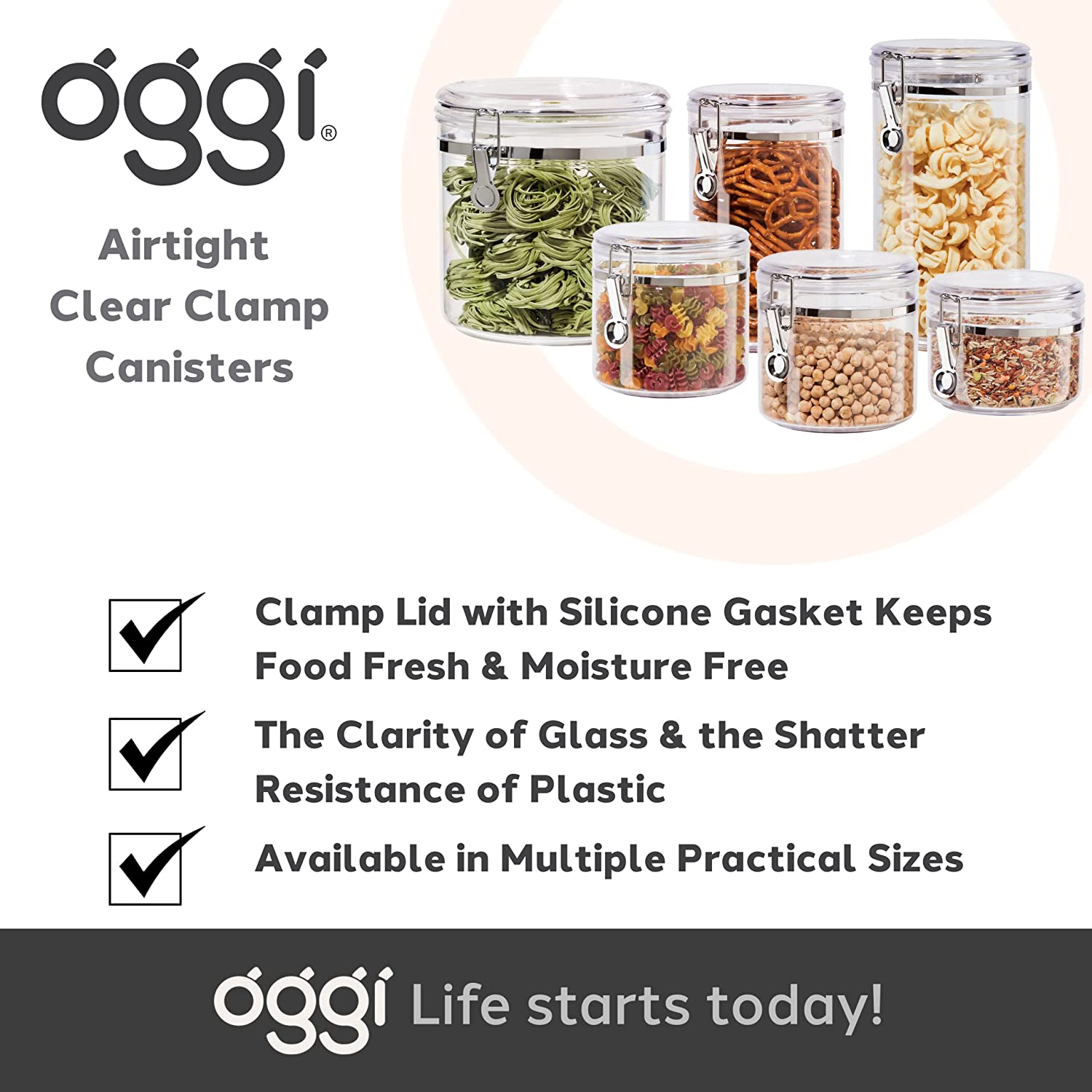 Oggi Medium-Sized Clear Canister with Clamp Lid, 59 Oz - Large Airtight Food Storage Container, for Kitchen & Pantry Storage of Bulk, Dry Foods, Pasta, Flour, Sugar, Coffee, Rice, Tea, Spices & Herbs image number 5