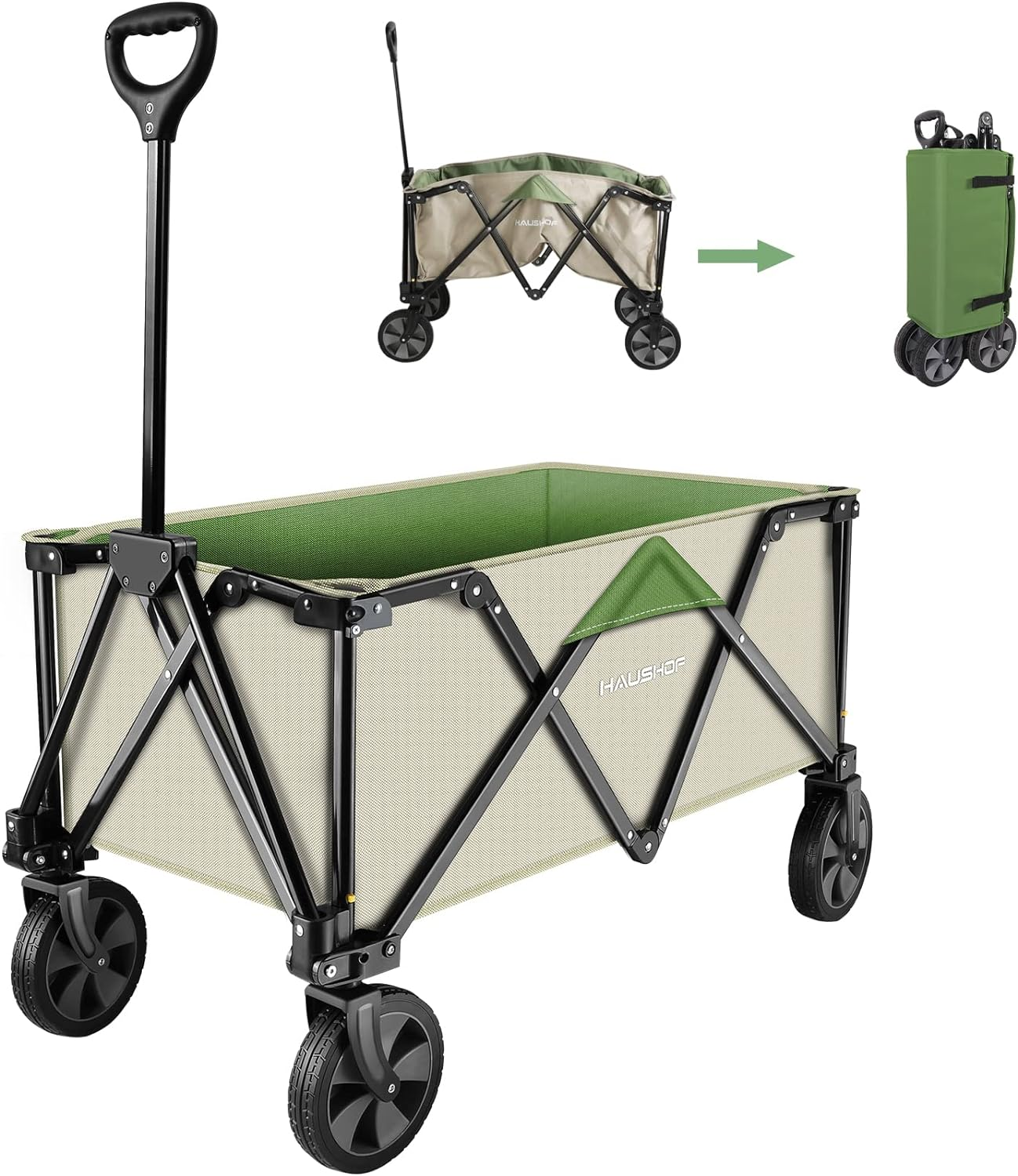 HAUSHOF Heavy Duty Collapsible Wagon, Folding Outdoor Utility Wagon, Camping Garden Beach Cart with Universal Quick Release Wheels, Adjustable Handle, 176 Lbs Load Capacity, Pink