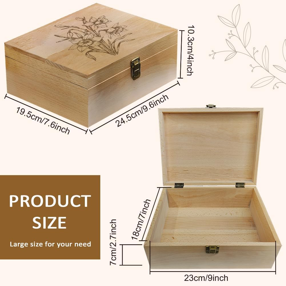 Arricraft 1 Pc Wooden Memory Keepsake Box, Sketch of a Daffodil Pattern Storage Decorative Memory Wooden Box with Hinge Lids for Photos Dvds Letters Holding 24.5X19.5X10.3Cm image number 3