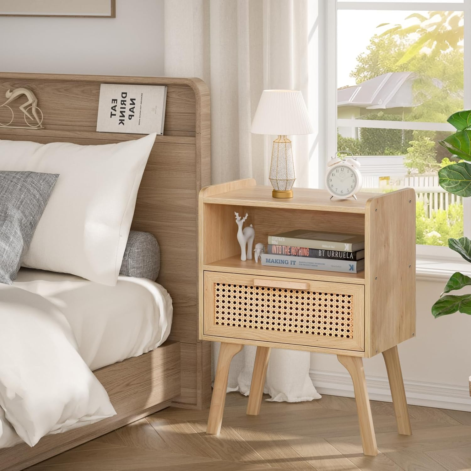 LELELINKY Rattan Nightstand, Small Side Table with Wooden Drawer and Open Shelves, Bedside Table with Solid Wood Legs, Living Room Sofa End Table, Bedroom Night Stand image number 1