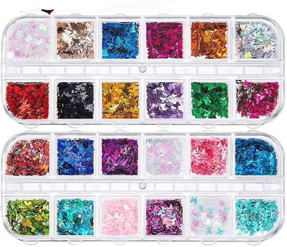 2 Boxes of 24 Color 3D Butterfly Nail Glitter Sequins Set Holographic Nail Glitters for Nail Art Decoration image number 2
