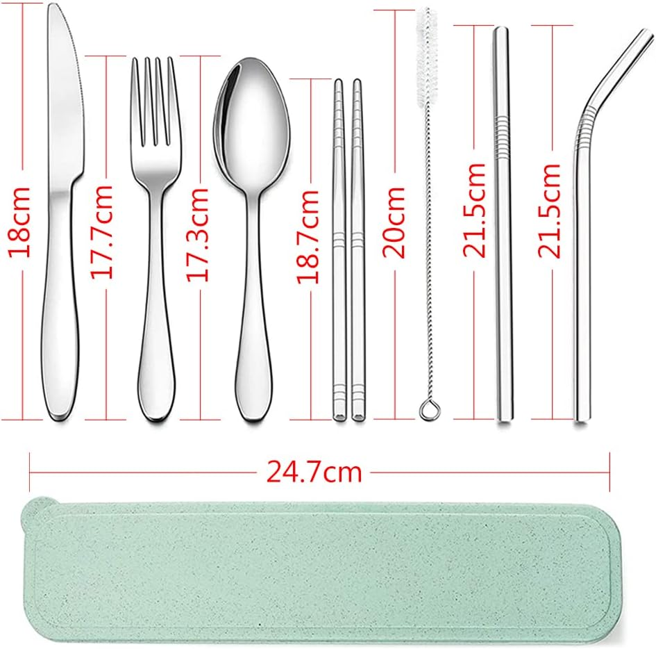 8PCS Portable Stainless Steel Straw Tableware Dinnerware Travel Camping Cutlery Green image number 6