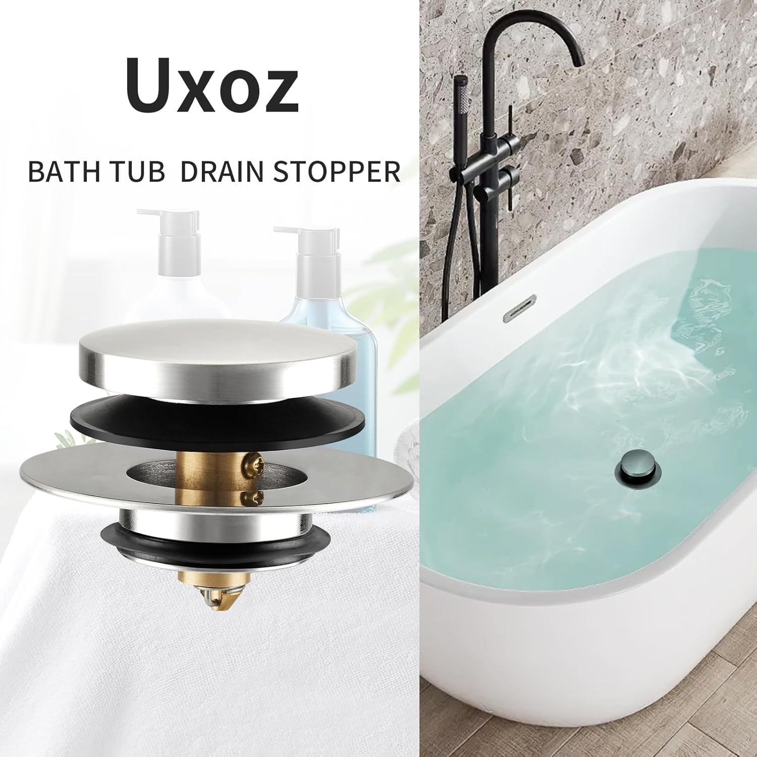 Uxoz Bathtub Stopper Upgraded Tub Stopper Universal Drain Stopper, Replacing Lift and Turn, Tip Toe or Trip Lever Tub Drains for 1.5"-1.72" Drain Hole