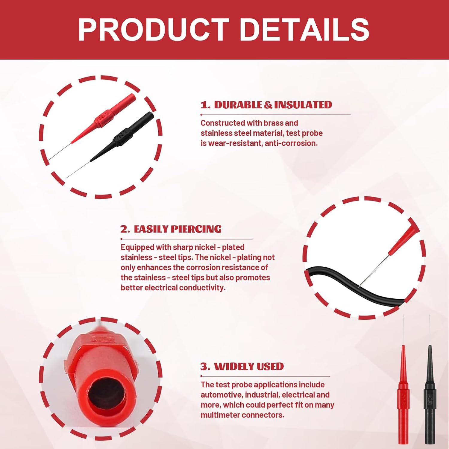 Back Probe Kit, 10 PCS Needle Test Probes, 0.7Mm Insulation Probe Pin, Wire Piercing Probes, 4Mm Banana Socket Connection for Car Electrical and Multimeter Testing(Black, Red) image number 2