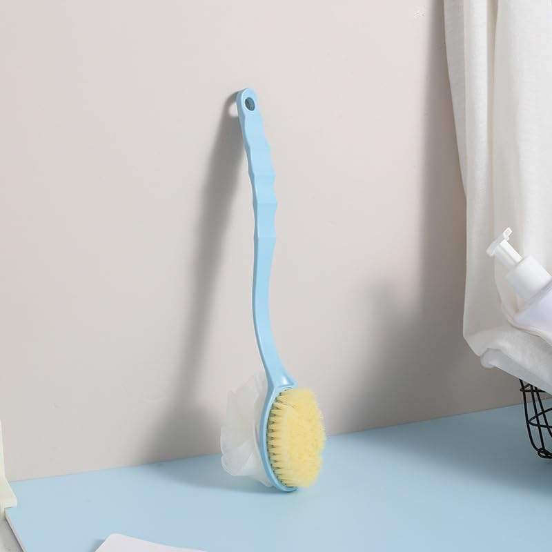 Fokmuaex 1Pcs Long Handle Body Shower Brush with Soft Bristles & Exfoliating Loofah Bath Sponge - 13.4 Inch Blue Back Scrubber for Adults, Bathroom Accessories