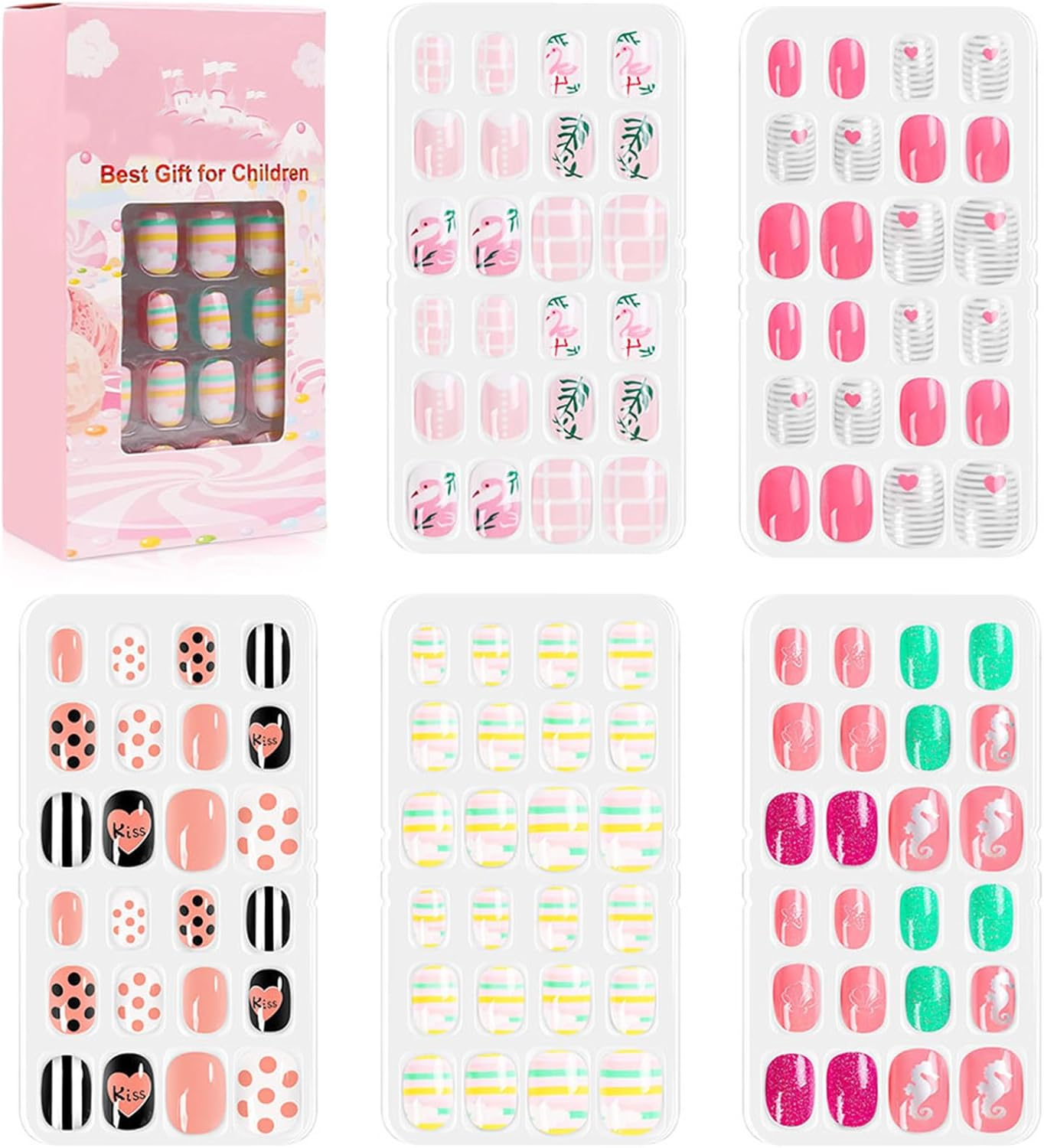 120 Pieces Kids Press on Nails for Girls Fake Nails Emboss Artificial Nail Tips Pre Glue Short Stick on Nails for Kids Nails Decoration Sleepovers Kids Valentine Day Gifts (NT30-6, NT30-6)