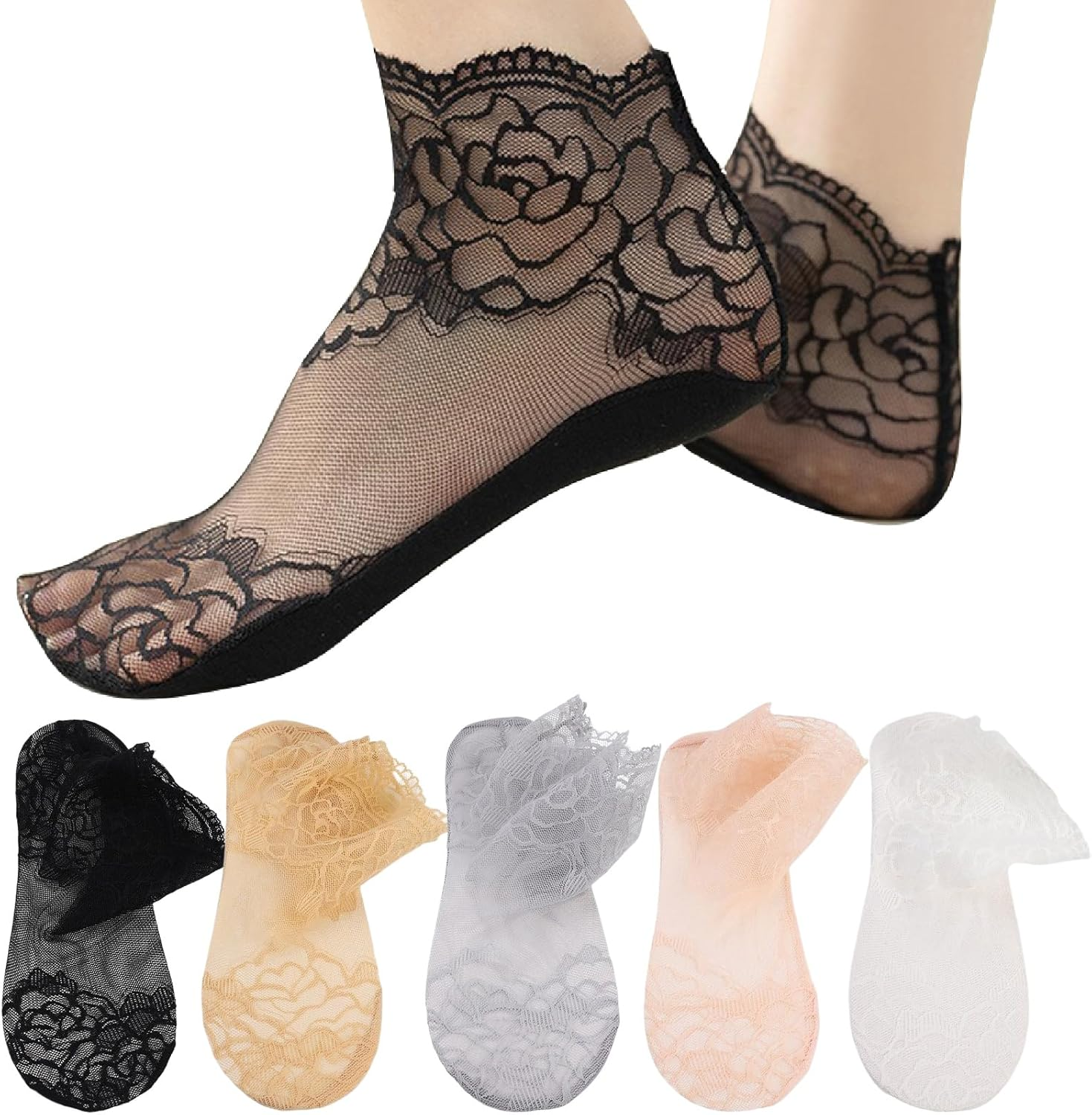Dress Cici Lace Top Low Cut Socks for Women, Bottom Cotton Ankle Socks, Thin, Breathable, Lightweight Lace Sock (5 Pairs)