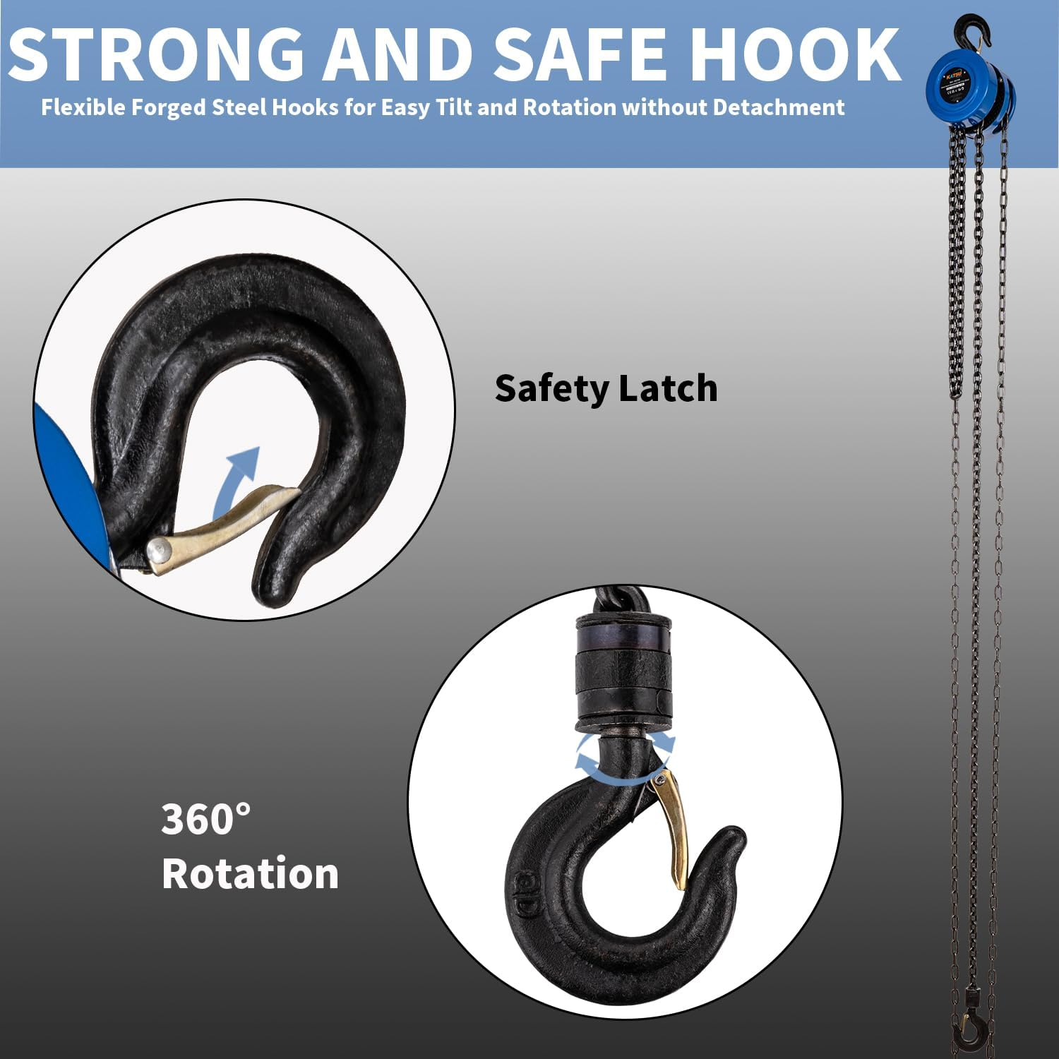 KATSU Tools Chain Hoist 1000 Kg 3 M Lifting Height, Robust Hook with Safety Bar, Chain Block, Garage Car Engine Heavy Duty Lifting Tool 181740