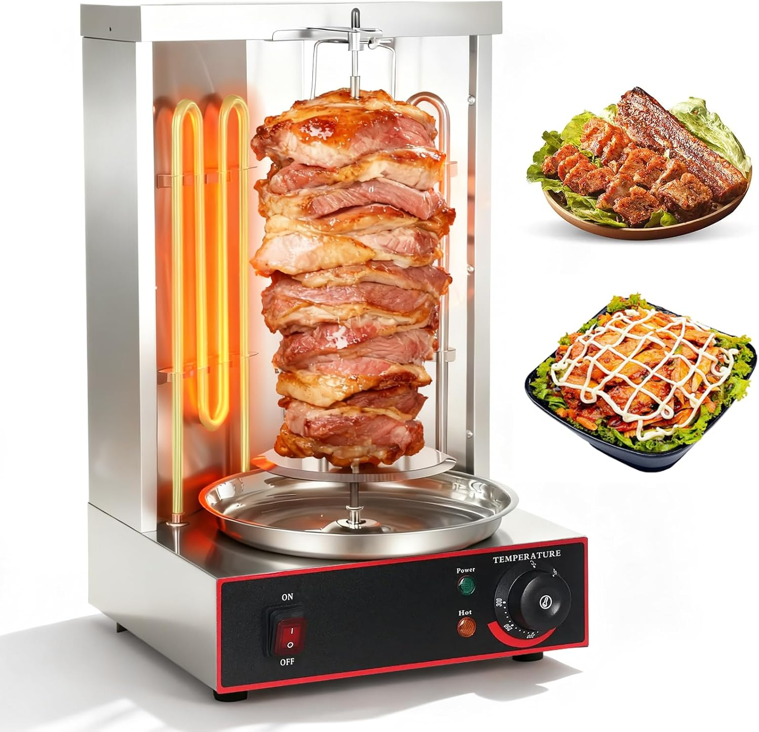 Electric Shawarma Grill Machine, Automatic Rotating BBQ Doner Kebab Grill, Vertical Rotisserie Broiler with 2 Heating Tubes, Gyro Rotisserie Oven with Adjustable Temperature 50-300&deg;C