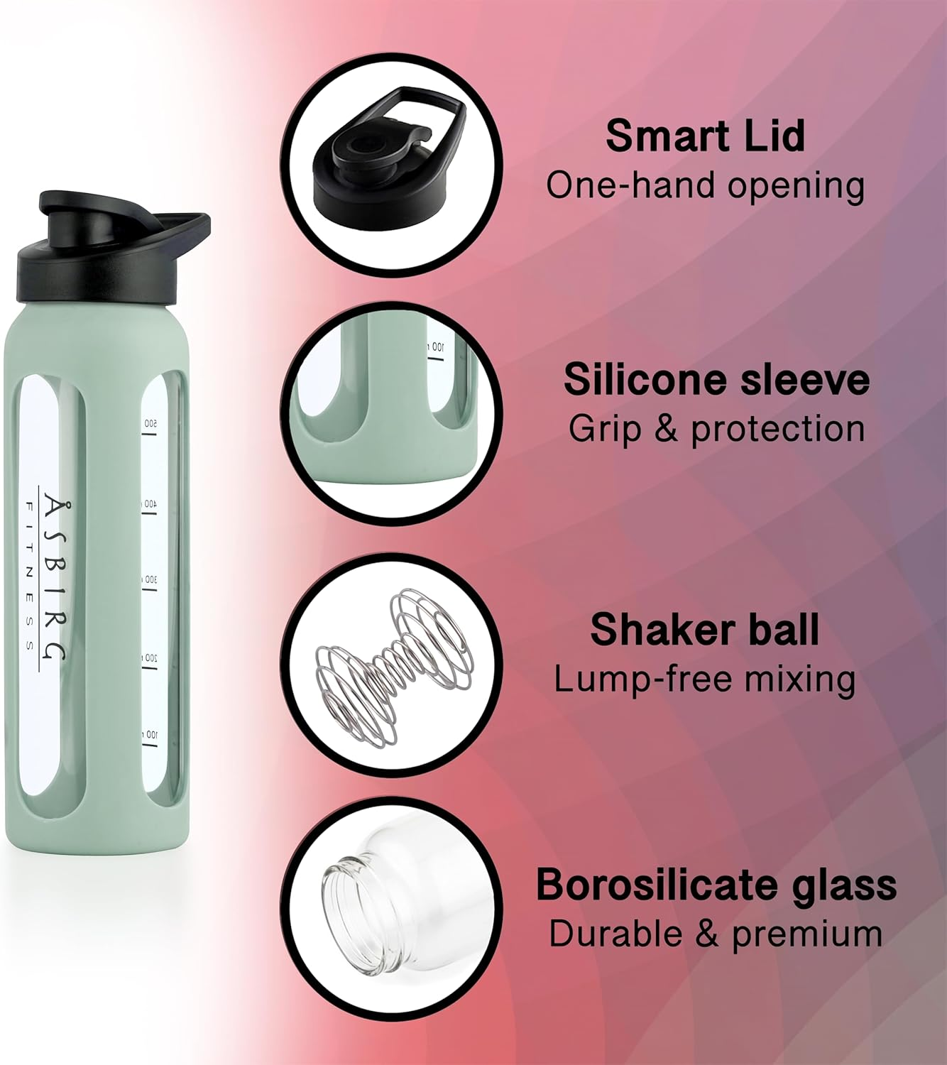 Asbirg Glass Protein Shaker 700 Ml - Bpa-Free, Leak-Proof & Robust - Protein Shaker with Borosilicate Glass Mixball - Drinking Bottle for Fitness & Sports | Pastel Green