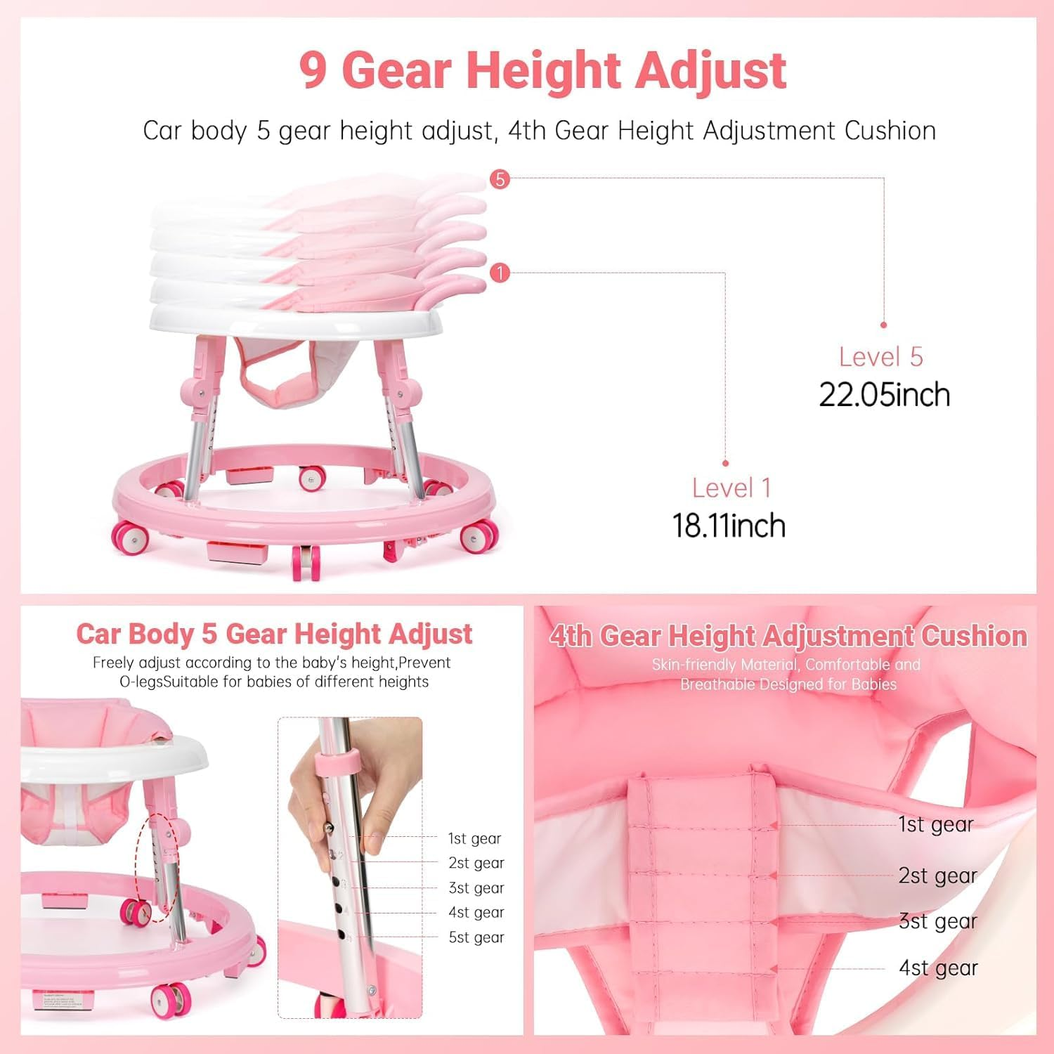 Baby Walker with Wheels Foldable, Portable Baby Walker with 9 Adjustable Heights, Infant Toddler Walker for Baby Boy Girls 6-18 Months (Pink) - Black image number 4