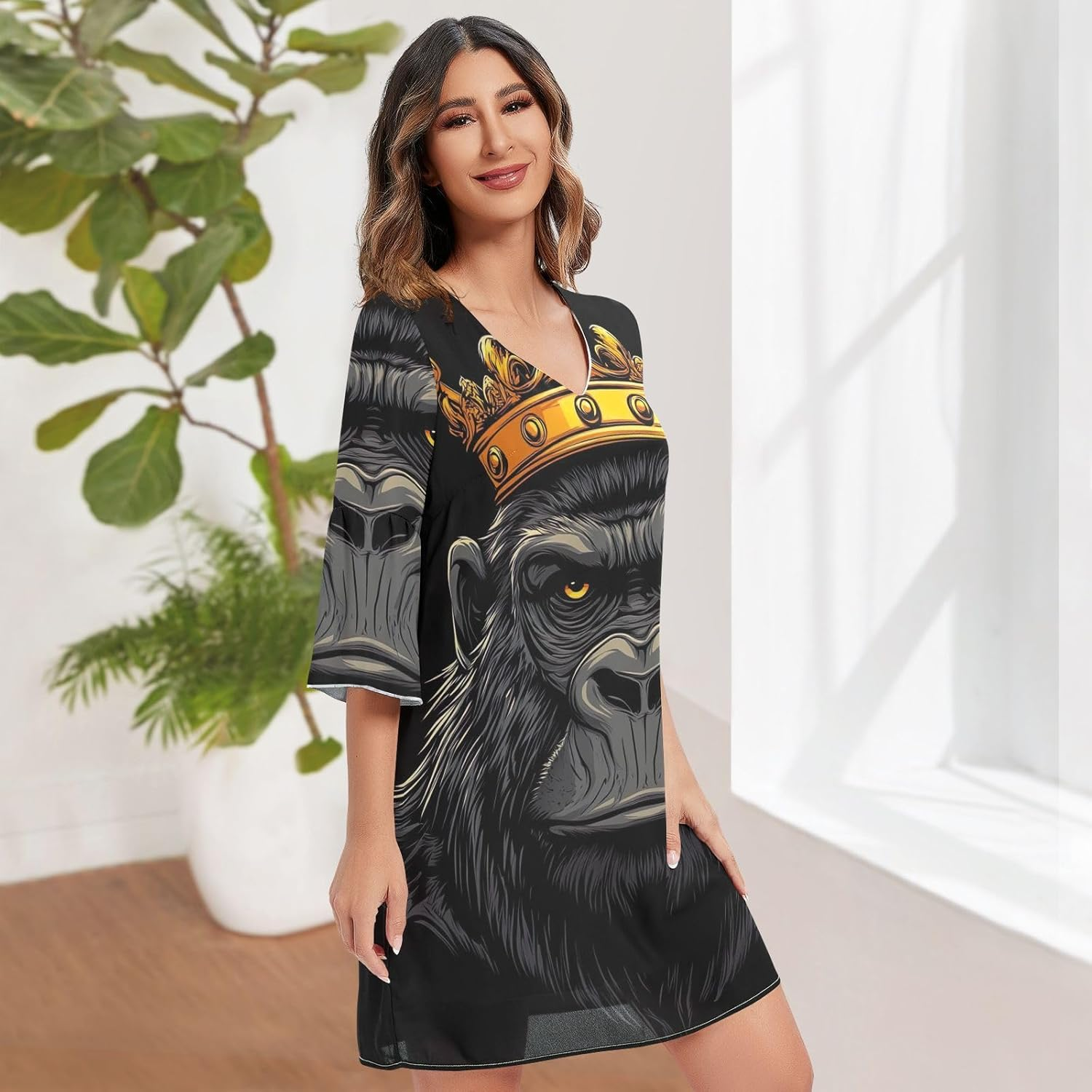 Cartoon Gorilla Crown V Neck Summer Dress 3/4 Sleeve Maternity Dress Party S-XXL image number 4